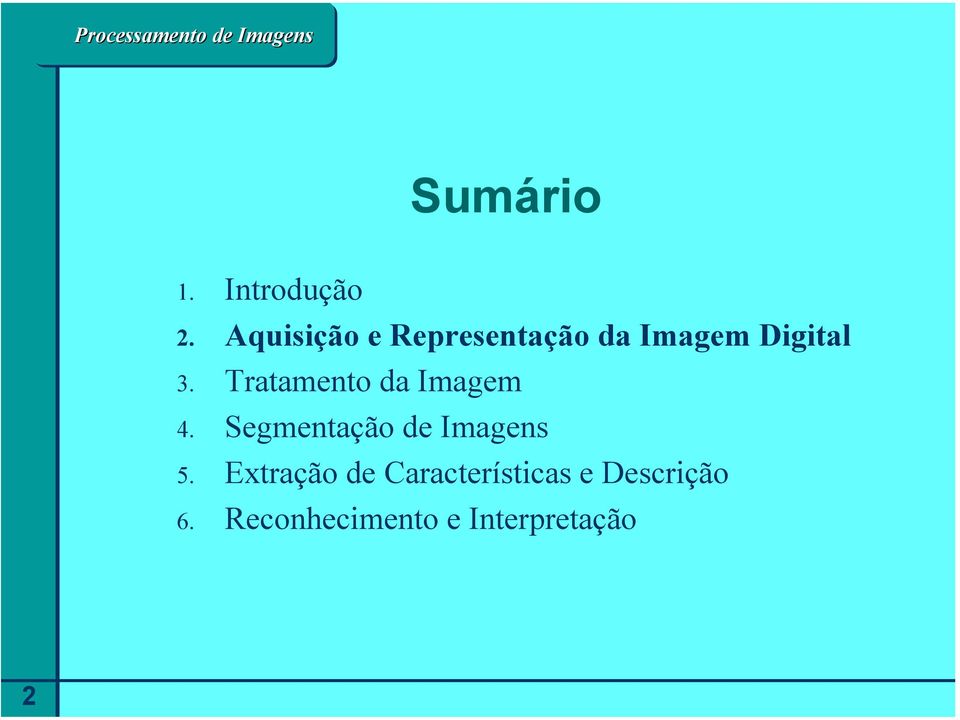 Tratamento da Imagem 4. Segmentação de Imagens 5.