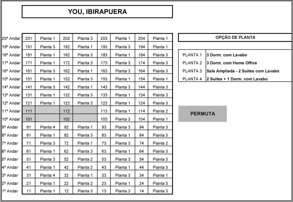 com Home Office 16º Andar 161 Planta 3 162 Planta 1 163 Planta 3 164 Planta 3 PLANTA 3 Sala Ampliada - 2 Suites com Lavabo 15º Andar 151 Planta 1 152 Planta 3 153 Planta 1 154 Planta 1 PLANTA 4 2