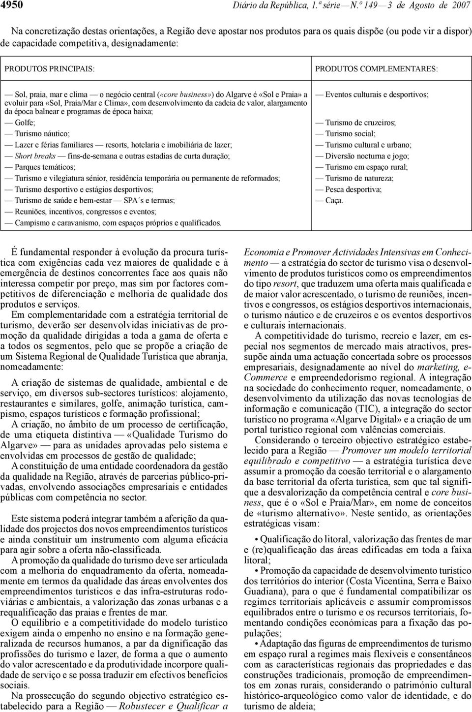 PRINCIPAIS: PRODUTOS COMPLEMENTARES: Sol, praia, mar e clima o negócio central («core business») do Algarve é «Sol e Praia» a Eventos culturais e desportivos; evoluir para «Sol, Praia/Mar e Clima»,