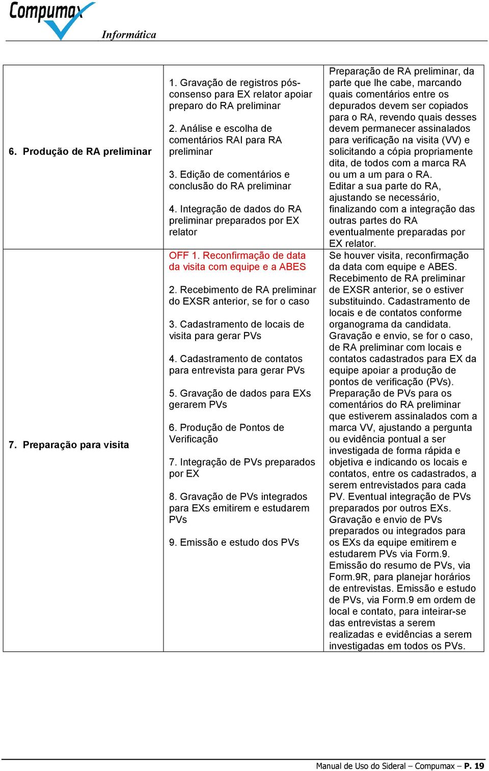 Reconfirmação de data da visita com equipe e a ABES 2. Recebimento de RA preliminar do EXSR anterior, se for o caso 3. Cadastramento de locais de visita para gerar PVs 4.