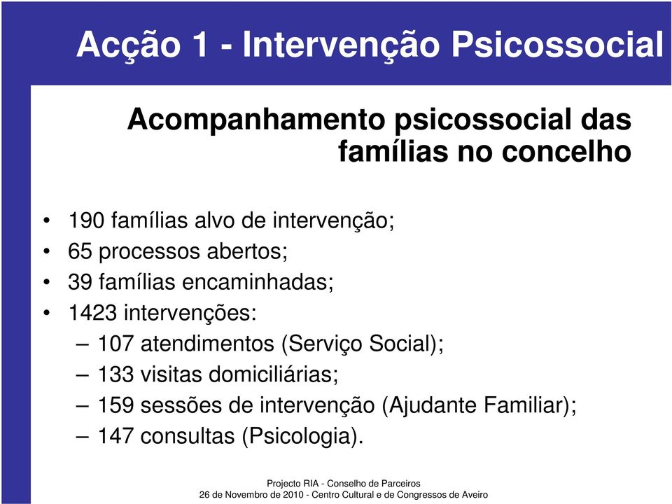 encaminhadas; 1423 intervenções: 107 atendimentos (Serviço Social); 133 visitas