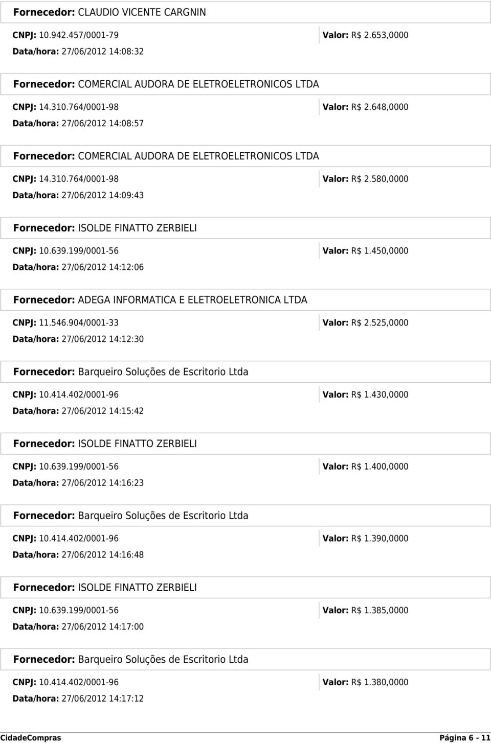 639.199/0001-56 Valor: R$ 1.450,0000 Data/hora: 27/06/2012 14:12:06 Fornecedor: ADEGA INFORMATICA E ELETROELETRONICA LTDA CNPJ: 11.546.904/0001-33 Valor: R$ 2.