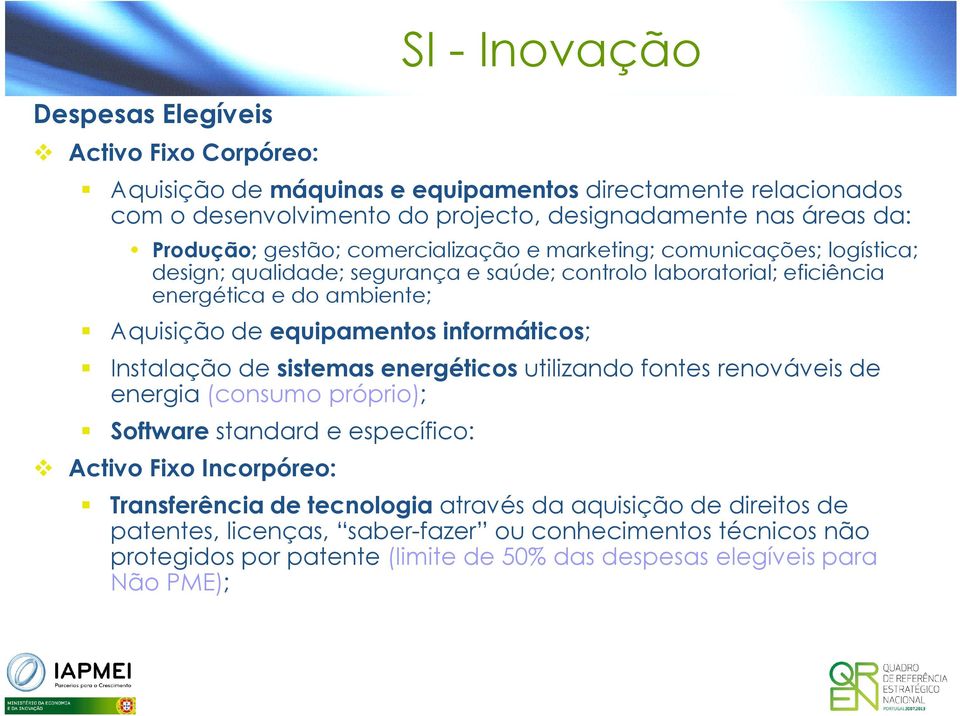 equipamentos informáticos; Instalação de sistemas energéticos utilizando fontes renováveis de energia (consumo próprio); Software standard e específico: Activo Fixo Incorpóreo: