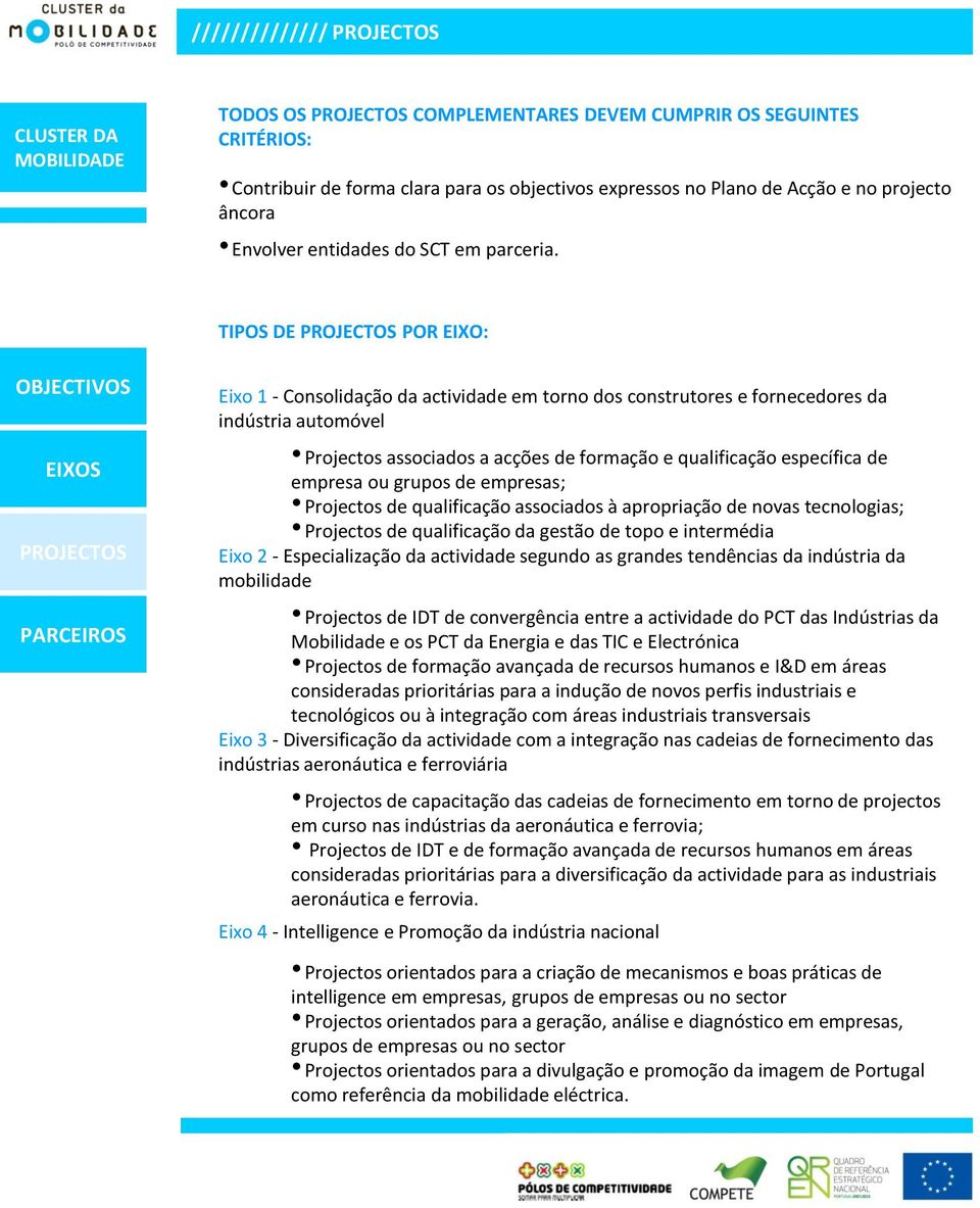 TIPOS DE POR EIXO: Eixo 1 - Consolidação da actividade em torno dos construtores e fornecedores da indústria automóvel Projectos associados a acções de formação e qualificação específica de empresa