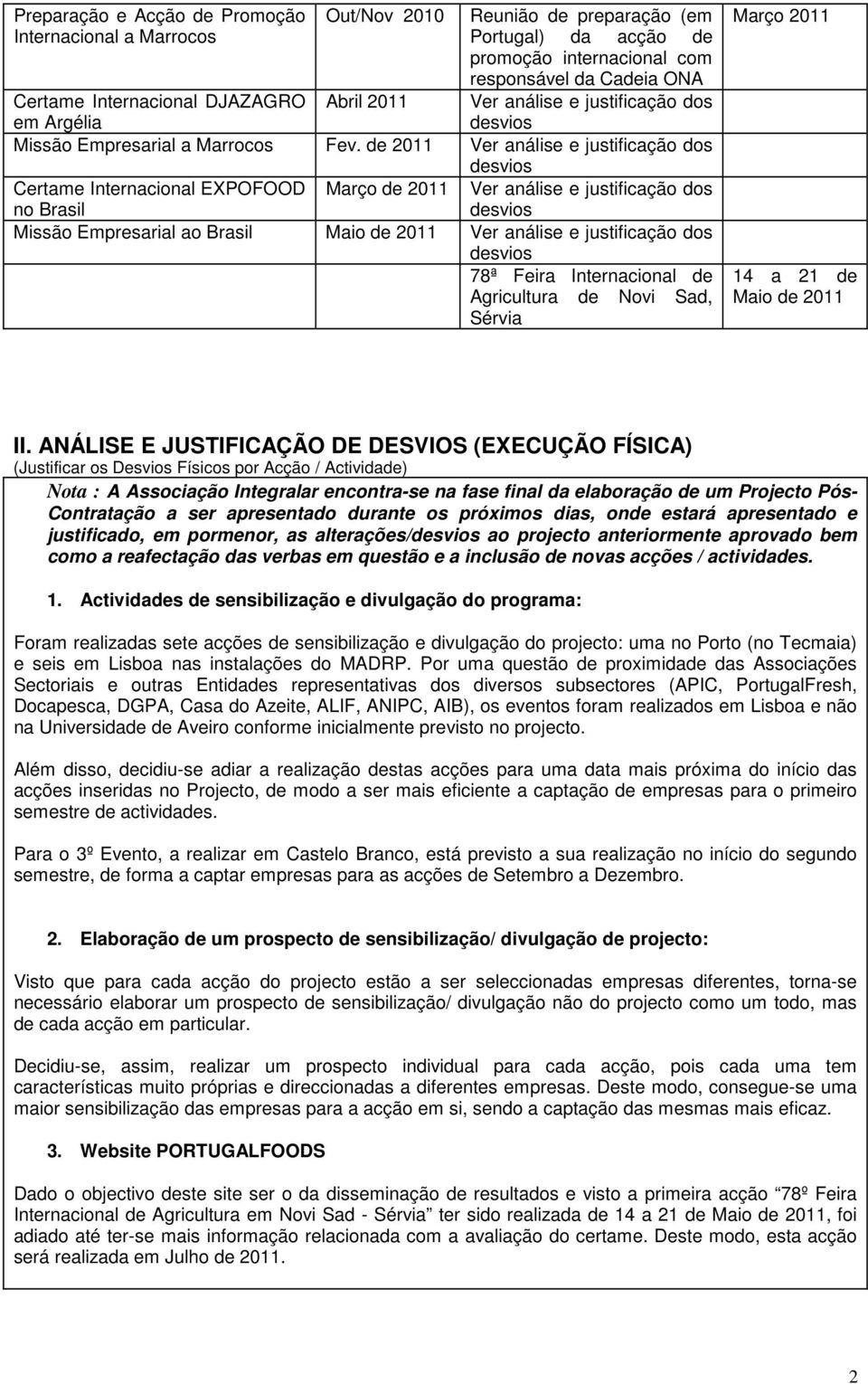 de 2011 Ver análise e justificação dos Certame Internacional EXPOFOOD Março de 2011 Ver análise e justificação dos no Brasil Missão Empresarial ao Brasil Maio de 2011 Ver análise e justificação dos