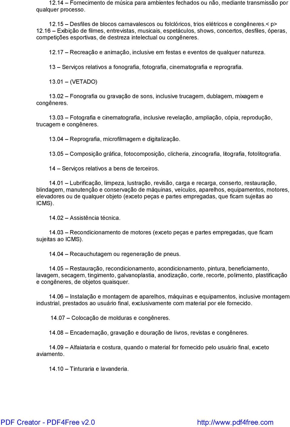 17 Recreação e animação, inclusive em festas e eventos de qualquer natureza. 13 Serviços relativos a fonografia, fotografia, cinematografia e reprografia. 13.01 (VETADO) 13.