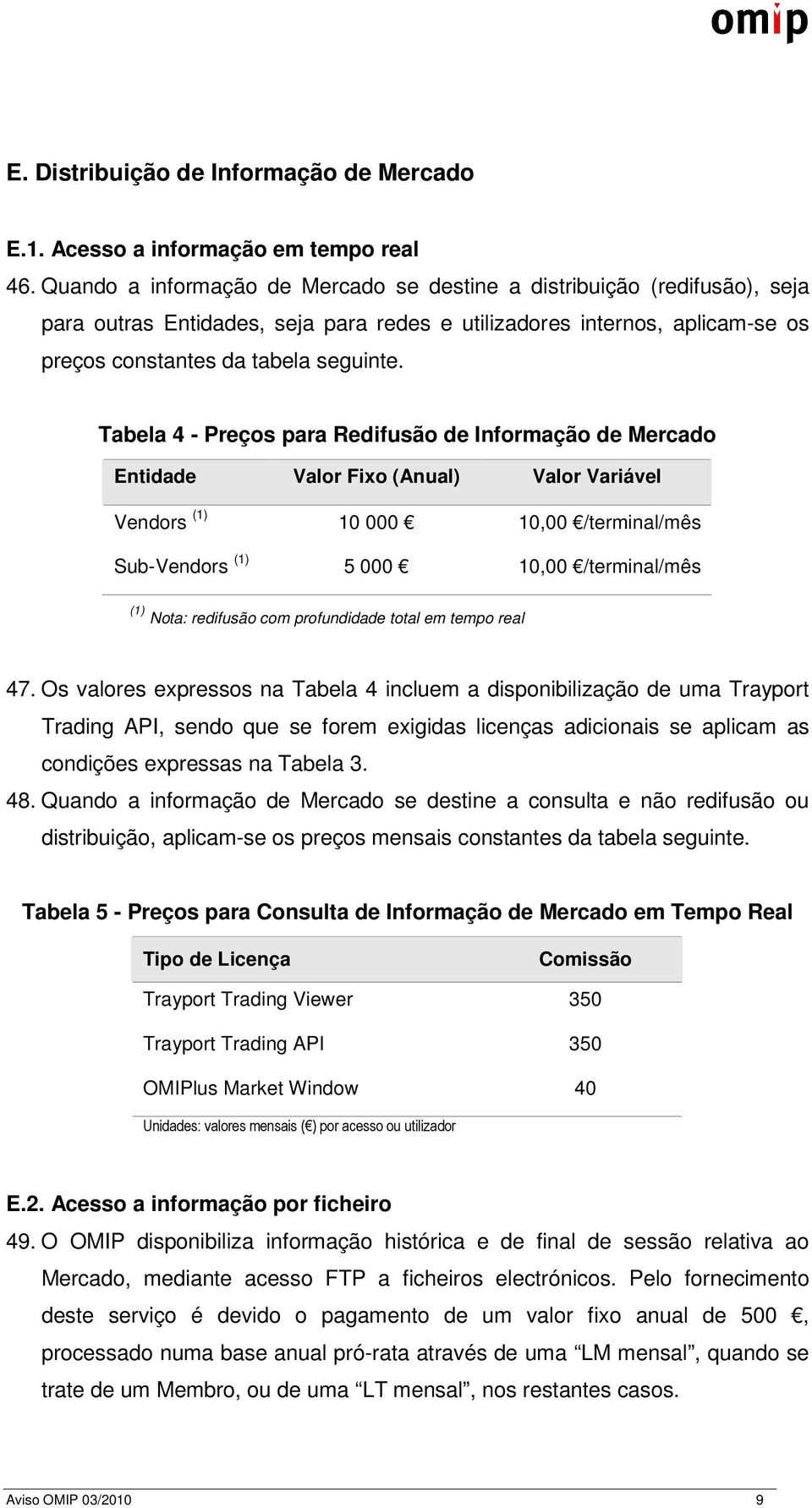 Tabela 4 - Preços para Redifusão de Informação de Mercado Entidade Valor Fixo (Anual) Valor Variável Vendors (1) 10 000 10,00 /terminal/mês Sub-Vendors (1) 5 000 10,00 /terminal/mês (1) Nota: