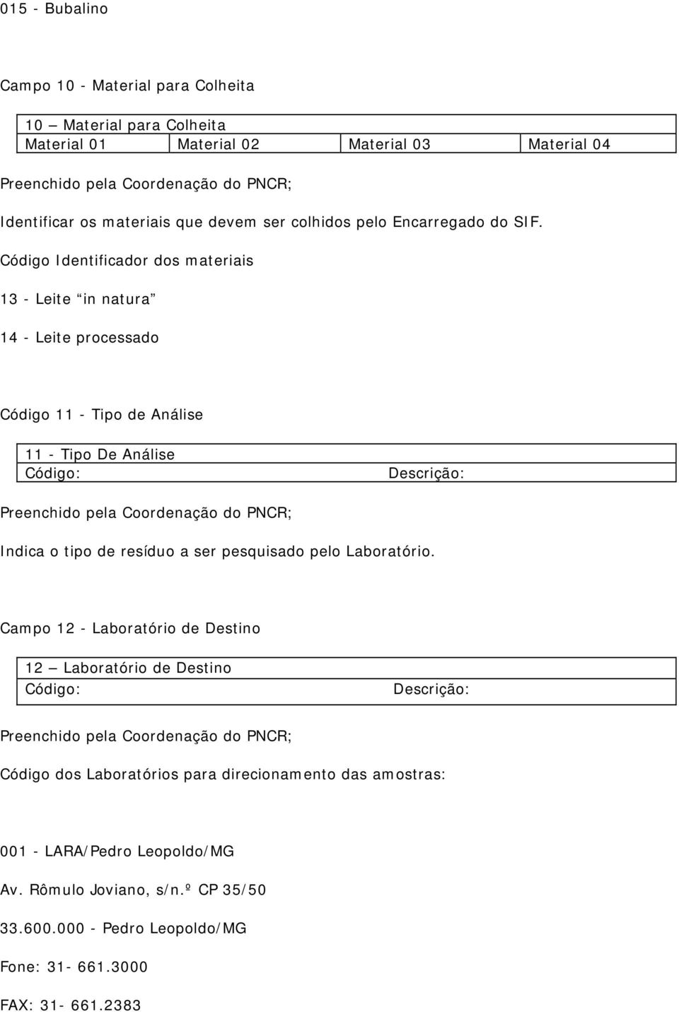 Código Identificador dos materiais 13 - Leite in natura 14 - Leite processado Código 11 - Tipo de Análise 11 - Tipo De Análise Código: Descrição: Indica o tipo de