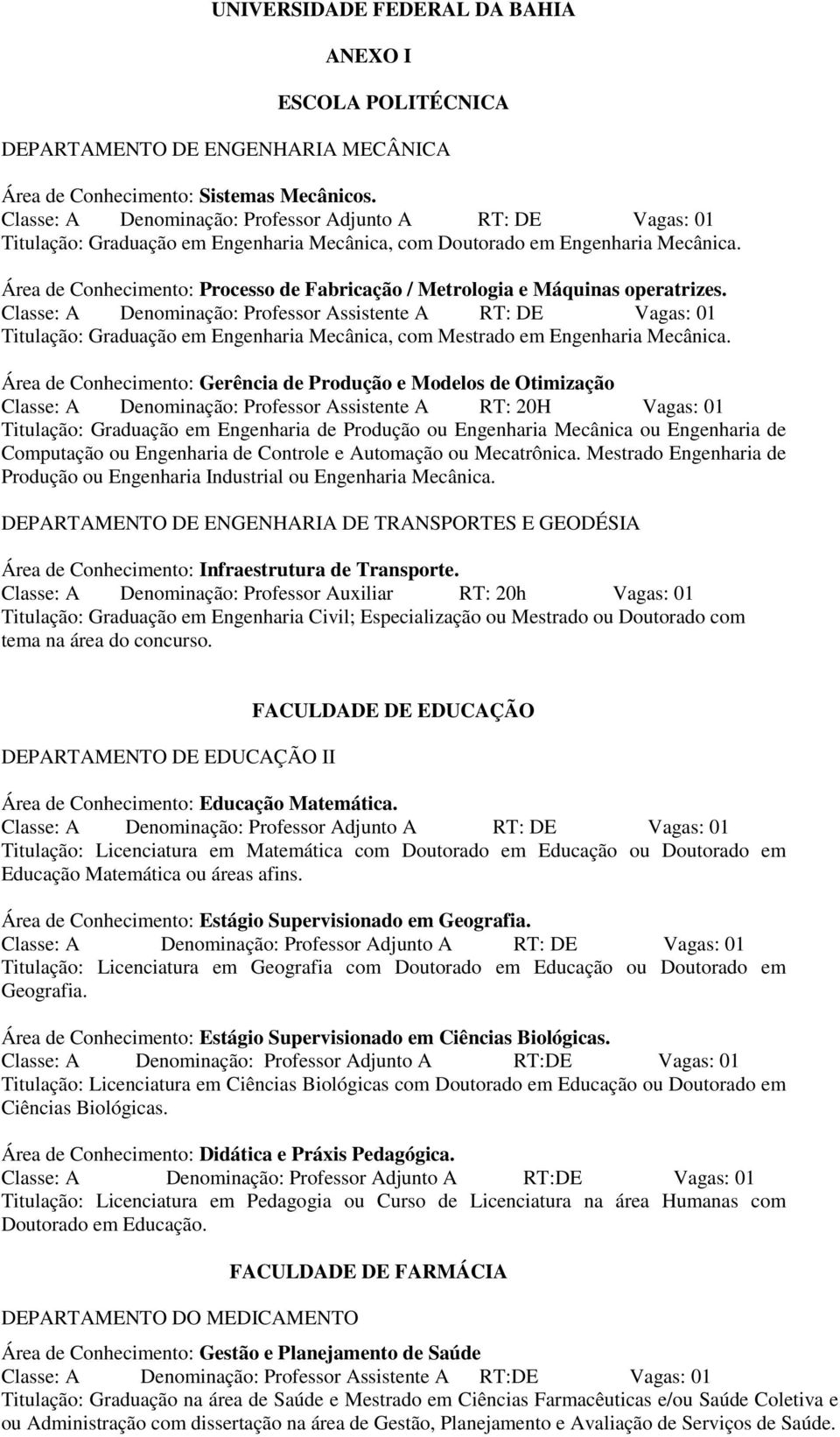 Classe: A Denominação: Professor Assistente A RT: DE Vagas: 01 Titulação: Graduação em Engenharia Mecânica, com Mestrado em Engenharia Mecânica.