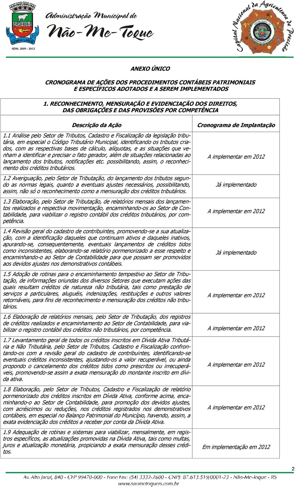 1 Análise pelo Setor de Tributos, Cadastro e Fiscalização da legislação tributária, em especial o Código Tributário Municipal, identificando os tributos criados, com as respectivas bases de cálculo,