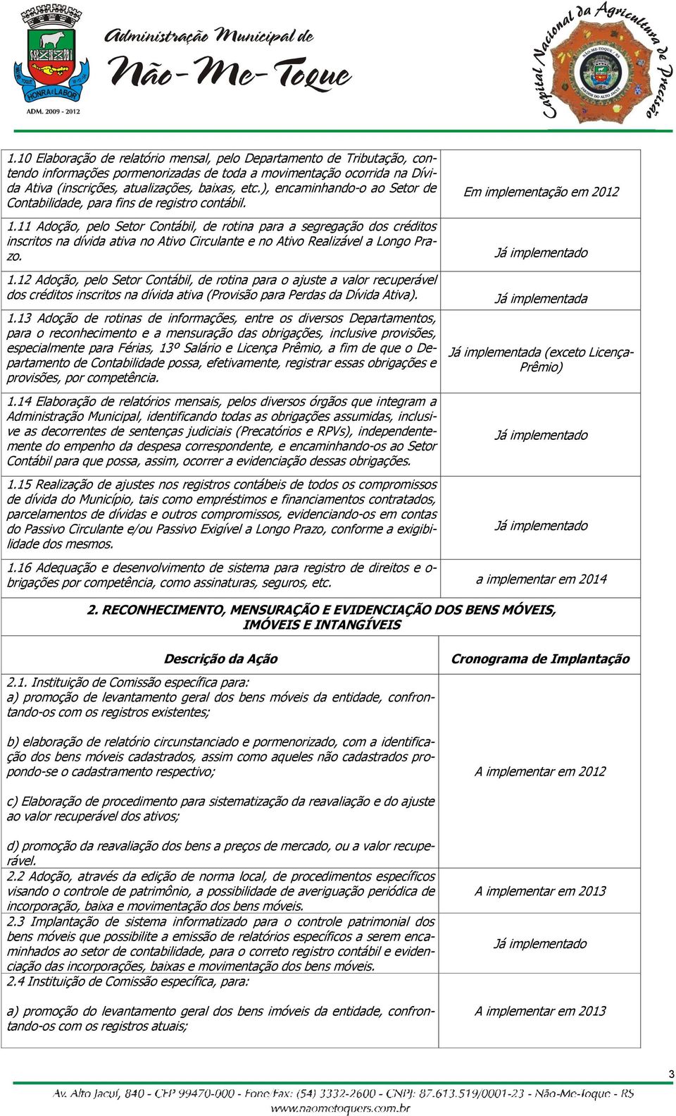 11 Adoção, pelo Setor Contábil, de rotina para a segregação dos créditos inscritos na dívida ativa no Ativo Circulante e no Ativo Realizável a Longo Prazo. Em implementação em 2012 1.