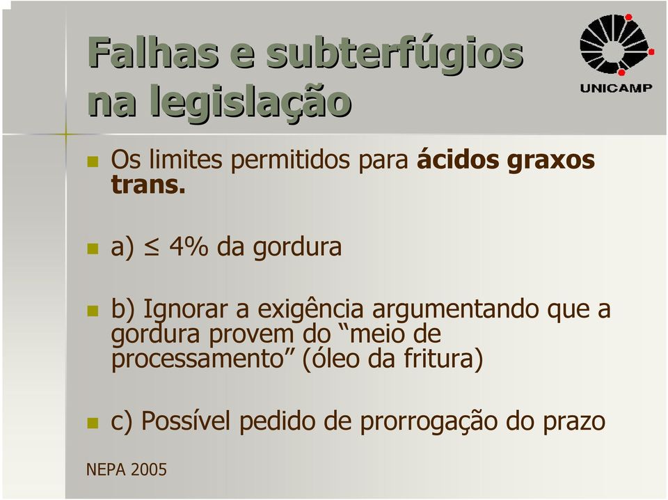 a) 4% da gordura b) Ignorar a exigência argumentando que a