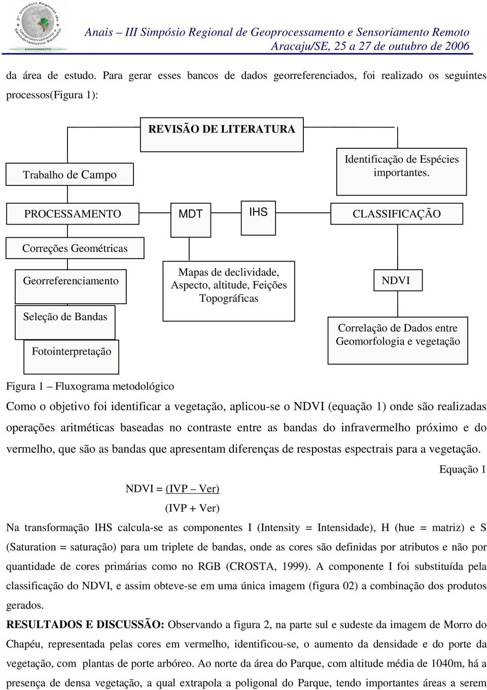 Dados entre Geomorfologia e vegetação Figura 1 Fluxograma metodológico Como o objetivo foi identificar a vegetação, aplicou-se o NDVI (equação 1) onde são realizadas operações aritméticas baseadas no