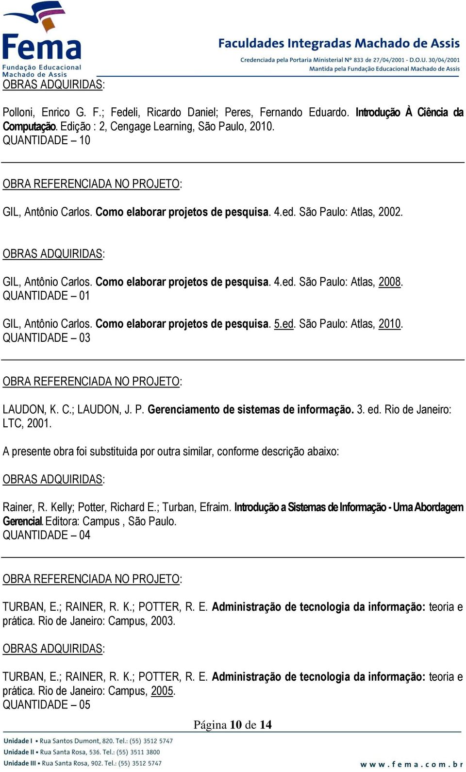 Como elaborar projetos de pesquisa. 5.ed. São Paulo: Atlas, 2010. QUANTIDADE 03 LAUDON, K. C.; LAUDON, J. P. Gerenciamento de sistemas de informação. 3. ed. Rio de Janeiro: LTC, 2001. Rainer, R.