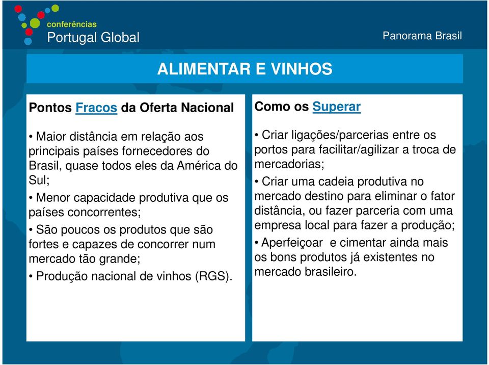 Como os Superar Criar ligações/parcerias entre os portos para facilitar/agilizar a troca de mercadorias; Criar uma cadeia produtiva no mercado destino para eliminar o