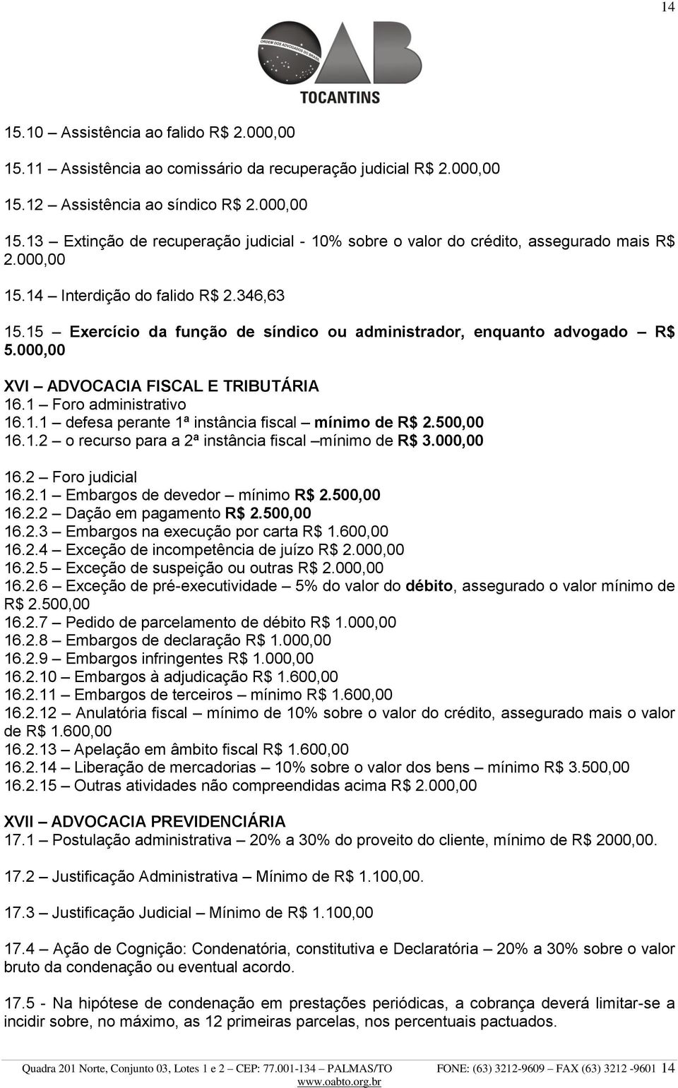 500,00 16.1.2 o recurso para a 2ª instância fiscal mínimo de R$ 3.000,00 16.2 Foro judicial 16.2.1 Embargos de devedor mínimo R$ 2.500,00 16.2.2 Dação em pagamento R$ 2.500,00 16.2.3 Embargos na execução por carta R$ 1.