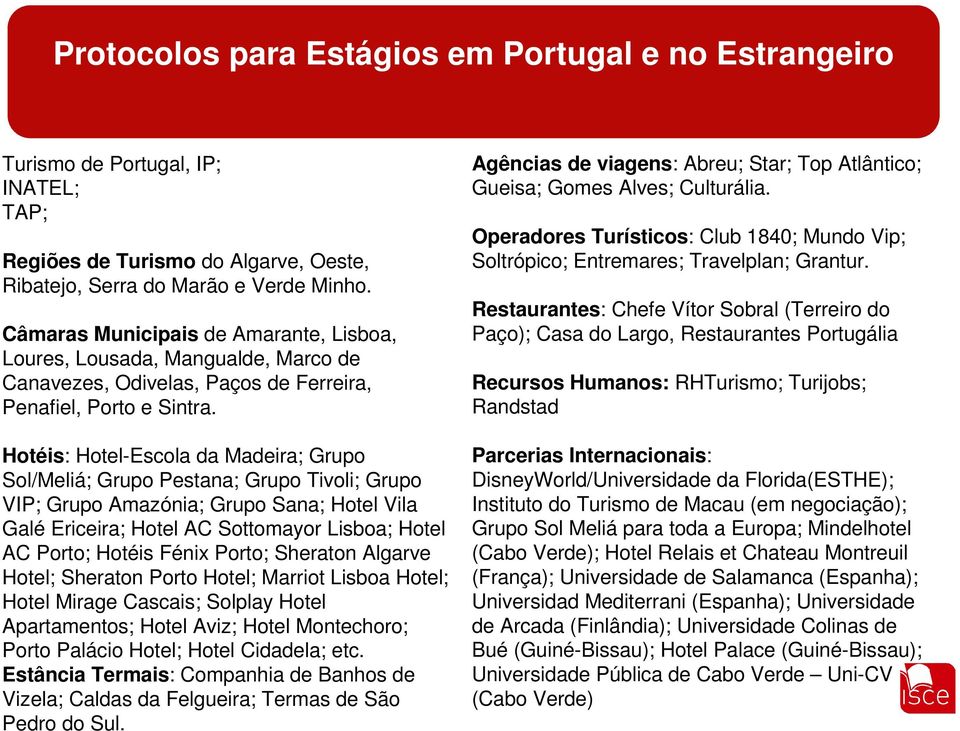 Hotéis: Hotel-Escola da Madeira; Grupo Sol/Meliá; Grupo Pestana; Grupo Tivoli; Grupo VIP; Grupo Amazónia; Grupo Sana; Hotel Vila Galé Ericeira; Hotel AC Sottomayor Lisboa; Hotel AC Porto; Hotéis