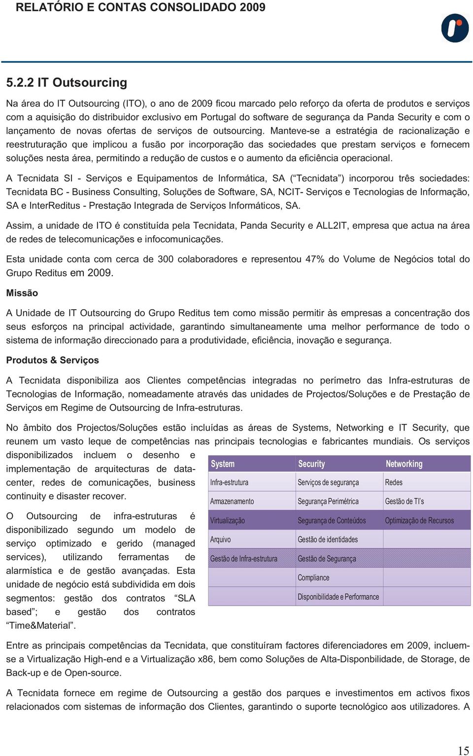 Manteve-se a estratégia de racionalização e reestruturação que implicou a fusão por incorporação das sociedades que prestam serviços e fornecem soluções nesta área, permitindo a redução de custos e o