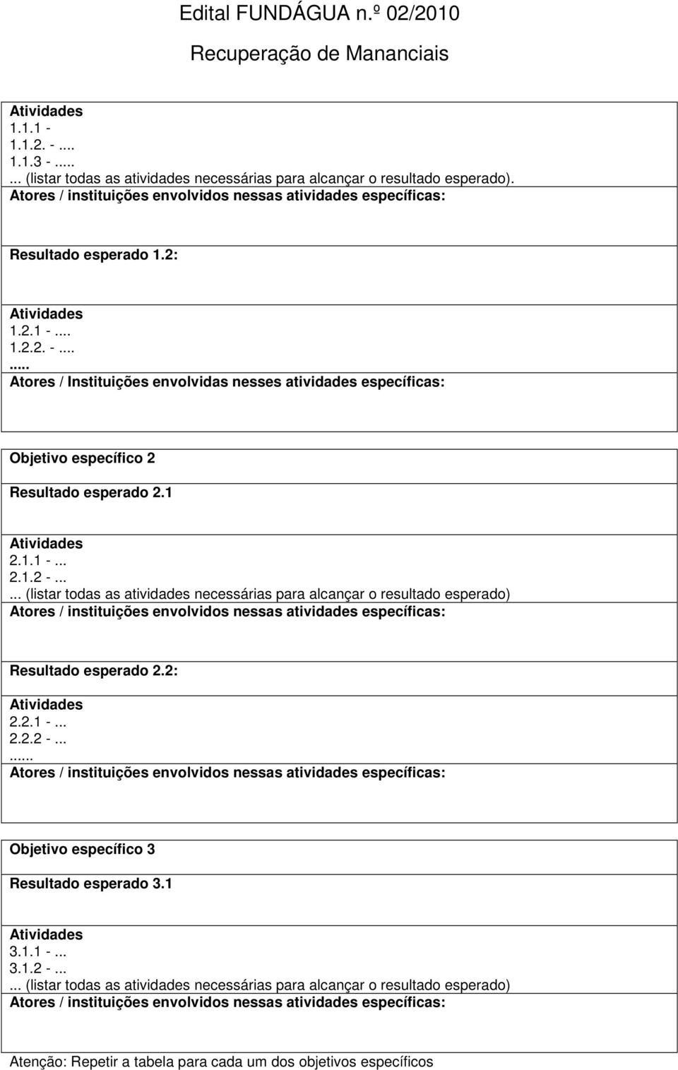 ..... (listar todas as atividades necessárias para alcançar o resultado esperado) Atores / instituições envolvidos nessas atividades específicas: Resultado esperado 2.2: 2.2.1 -... 2.2.2 -.