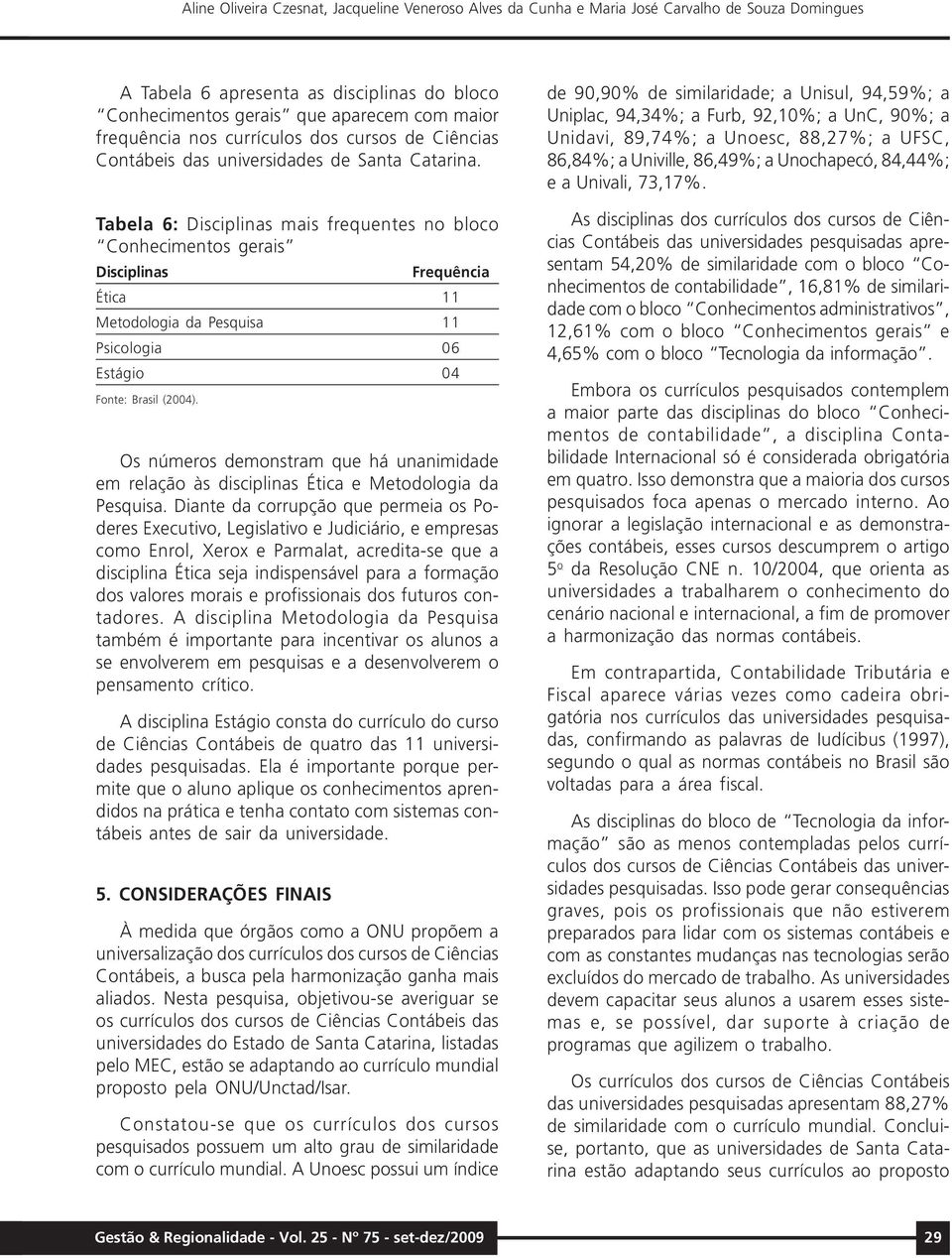 Tabela 6: Disciplinas mais frequentes no bloco Conhecimentos gerais Disciplinas Frequência Ética 11 Metodologia da Pesquisa 11 Psicologia 06 Estágio 04 Os números demonstram que há unanimidade em