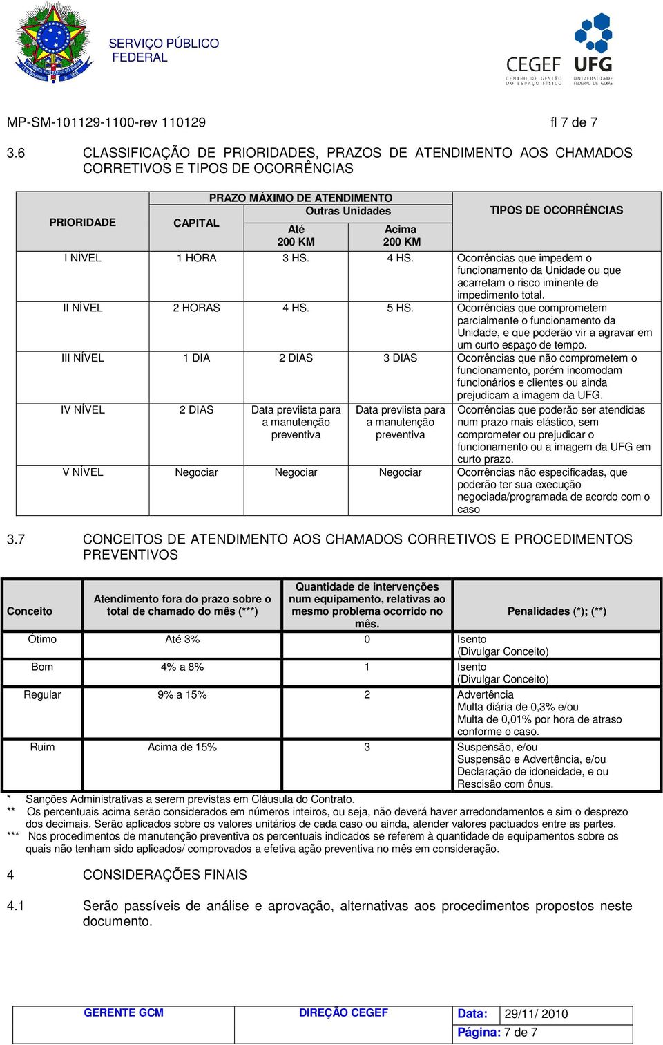 OCORRÊNCIAS I NÍVEL 1 HORA 3 HS. 4 HS. Ocorrências que impedem o funcionamento da Unidade ou que acarretam o risco iminente de impedimento total. II NÍVEL 2 HORAS 4 HS. 5 HS.