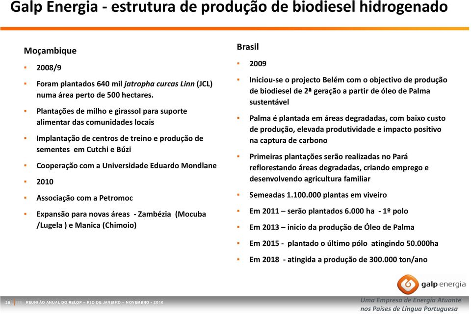 2010 Associação com a Petromoc Expansão para novas áreas Zambézia (Mocuba /Lugela ) e Manica (Chimoio) Brasil 2009 Iniciou se o projecto Belém com o objectivo de produção de biodiesel de 2ª geração a