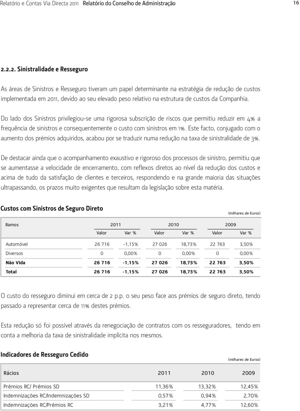 2.2. Sinistralidade e Resseguro As áreas de Sinistros e Resseguro tiveram um papel determinante na estratégia de redução de custos implementada em 2011, devido ao seu elevado peso relativo na