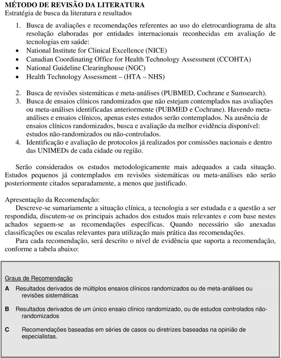 Institute for Clinical Excellence (NICE) Canadian Coordinating Office for Health Technology Assessment (CCOHTA) National Guideline Clearinghouse (NGC) Health Technology Assessment (HTA NHS) 2.