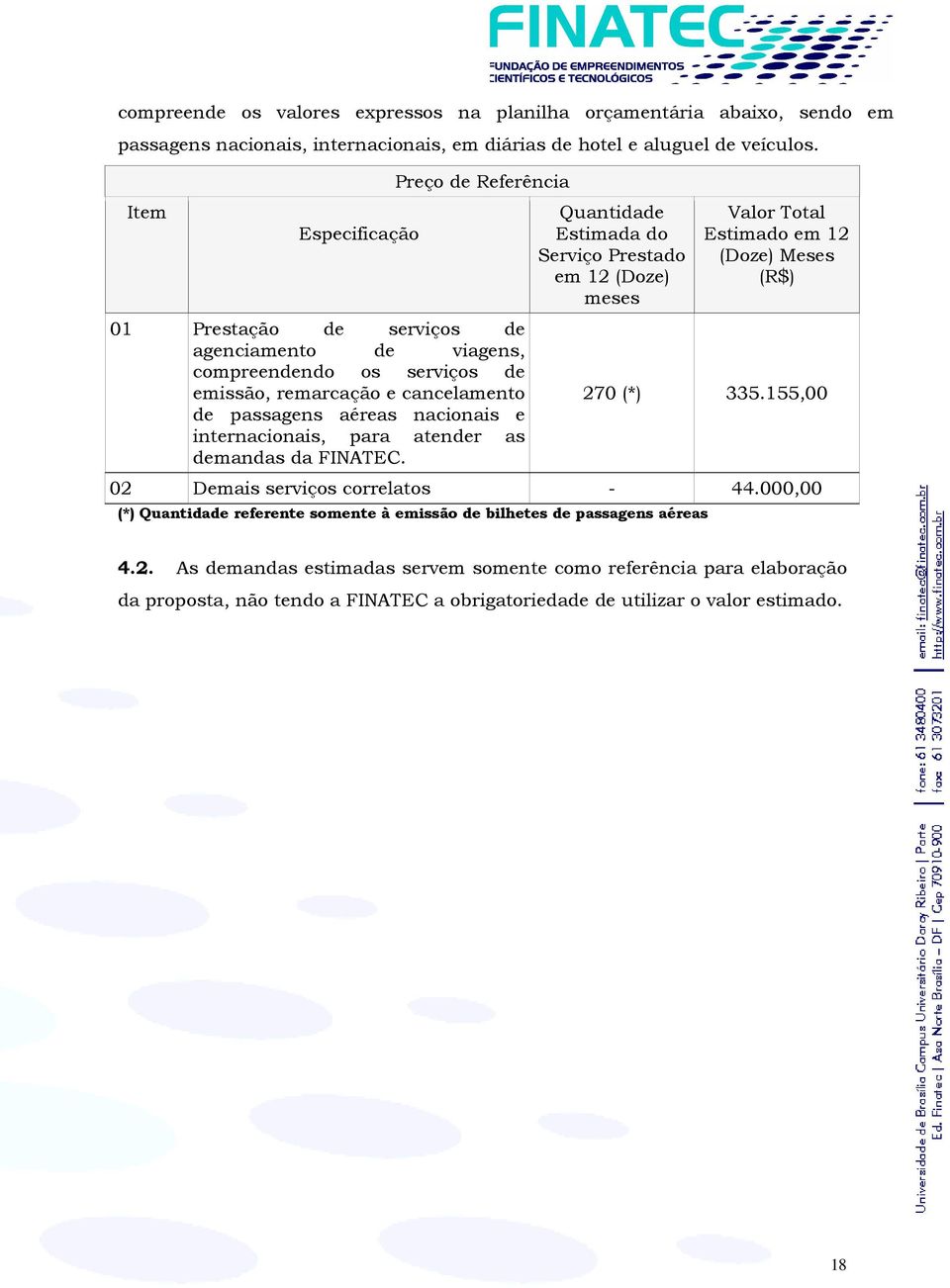 internacionais, para atender as demandas da FINATEC. Quantidade Estimada do Serviço Prestado em 12 (Doze) meses Valor Total Estimado em 12 (Doze) Meses (R$) 270 (*) 335.