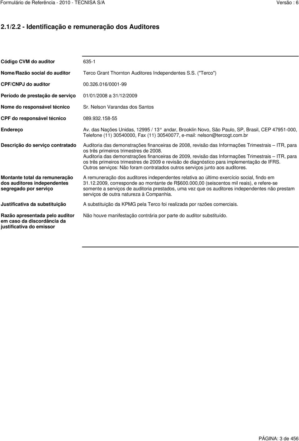 das Nações Unidas, 12995 / 13 andar, Brooklin Novo, São Paulo, SP, Brasil, CEP 47951-000, Telefone (11) 30540000, Fax (11) 30540077, e-mail: nelson@tercogt.com.