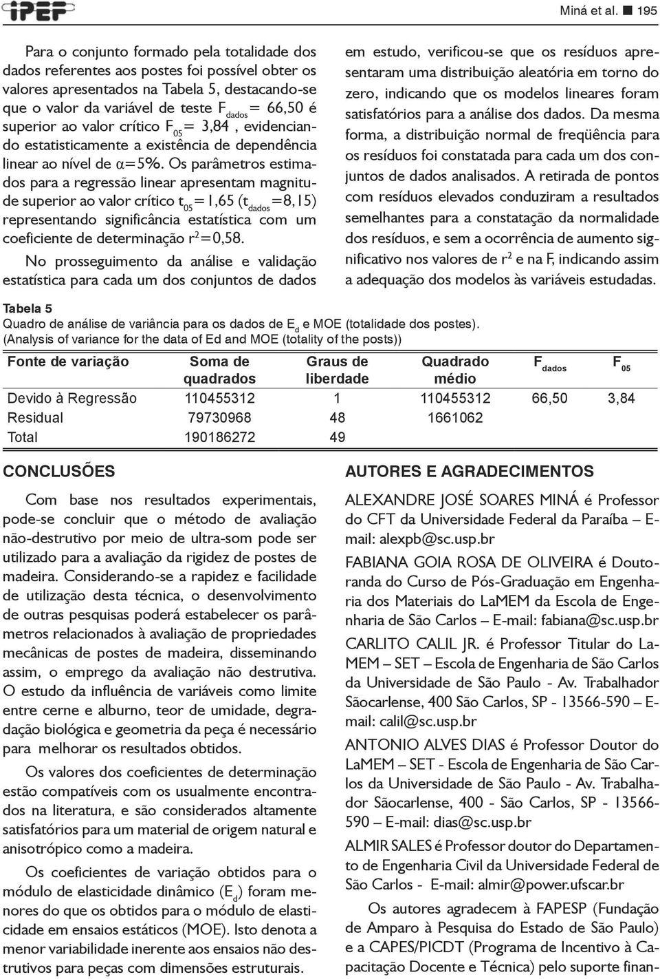 superior ao valor crítico F 05 = 3,84, evidenciando estatisticamente a existência de dependência linear ao nível de α=5%.