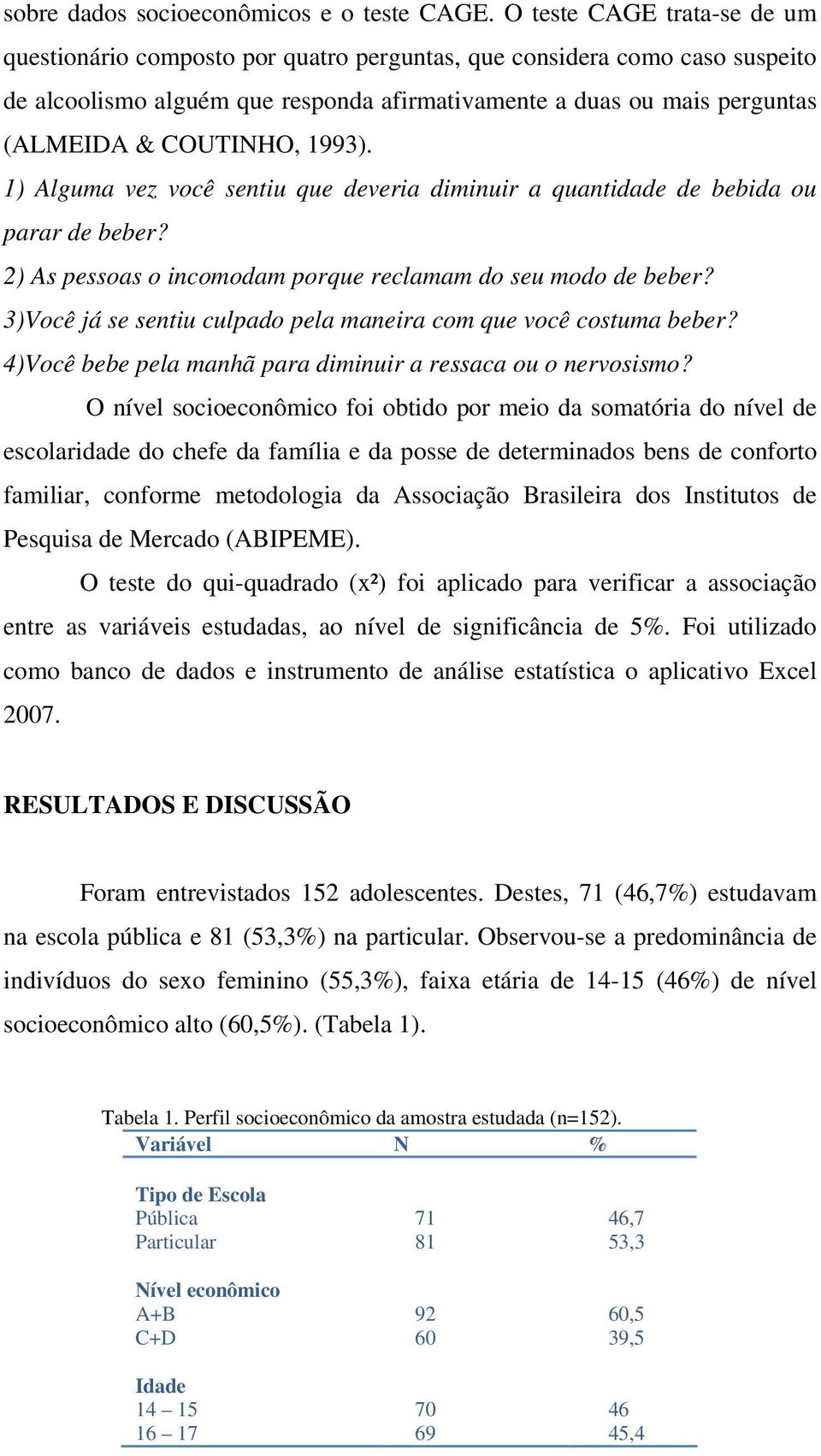 COUTINHO, 1993). 1) Alguma vez você sentiu que deveria diminuir a quantidade de bebida ou parar de beber? 2) As pessoas o incomodam porque reclamam do seu modo de beber?