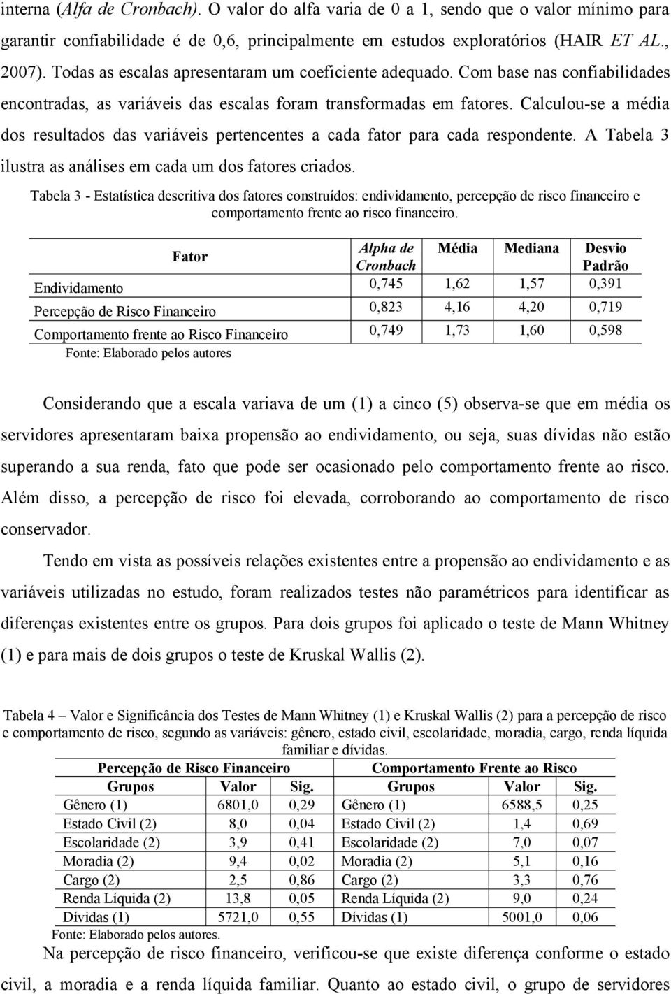 Calculou-se a média dos resultados das variáveis pertencentes a cada fator para cada respondente. A Tabela 3 ilustra as análises em cada um dos fatores criados.