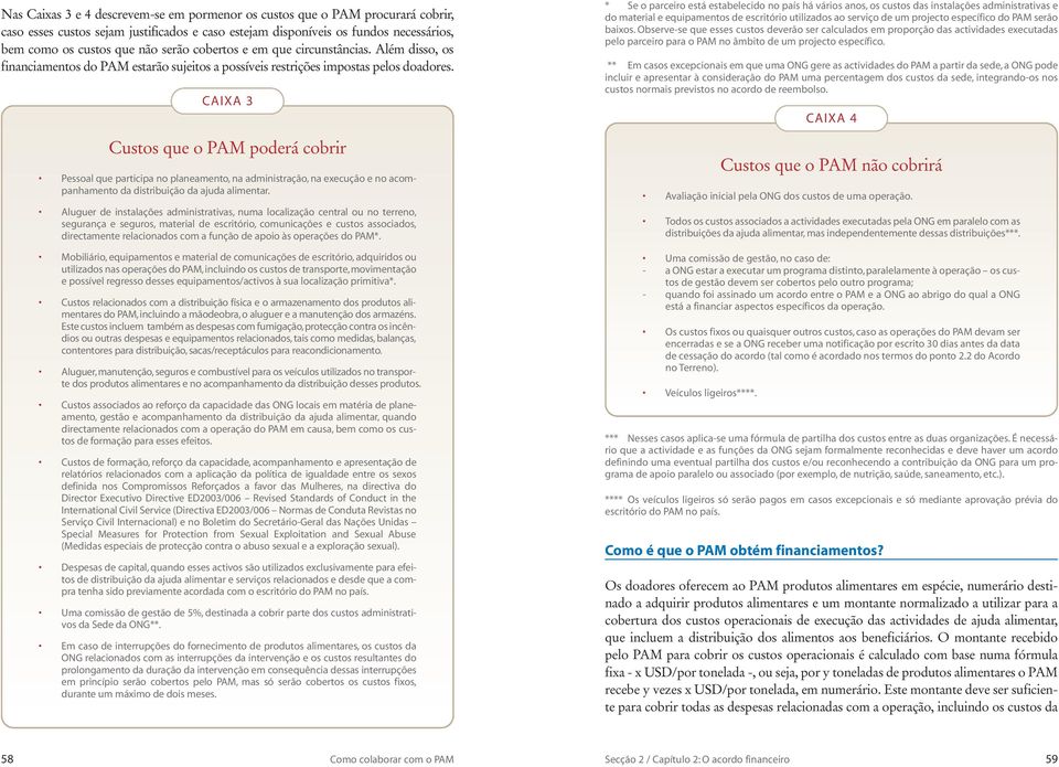 CAIXA 3 Custos que o PAM poderá cobrir Pessoal que participa no planeamento, na administração, na execução e no acompanhamento da distribuição da ajuda alimentar.