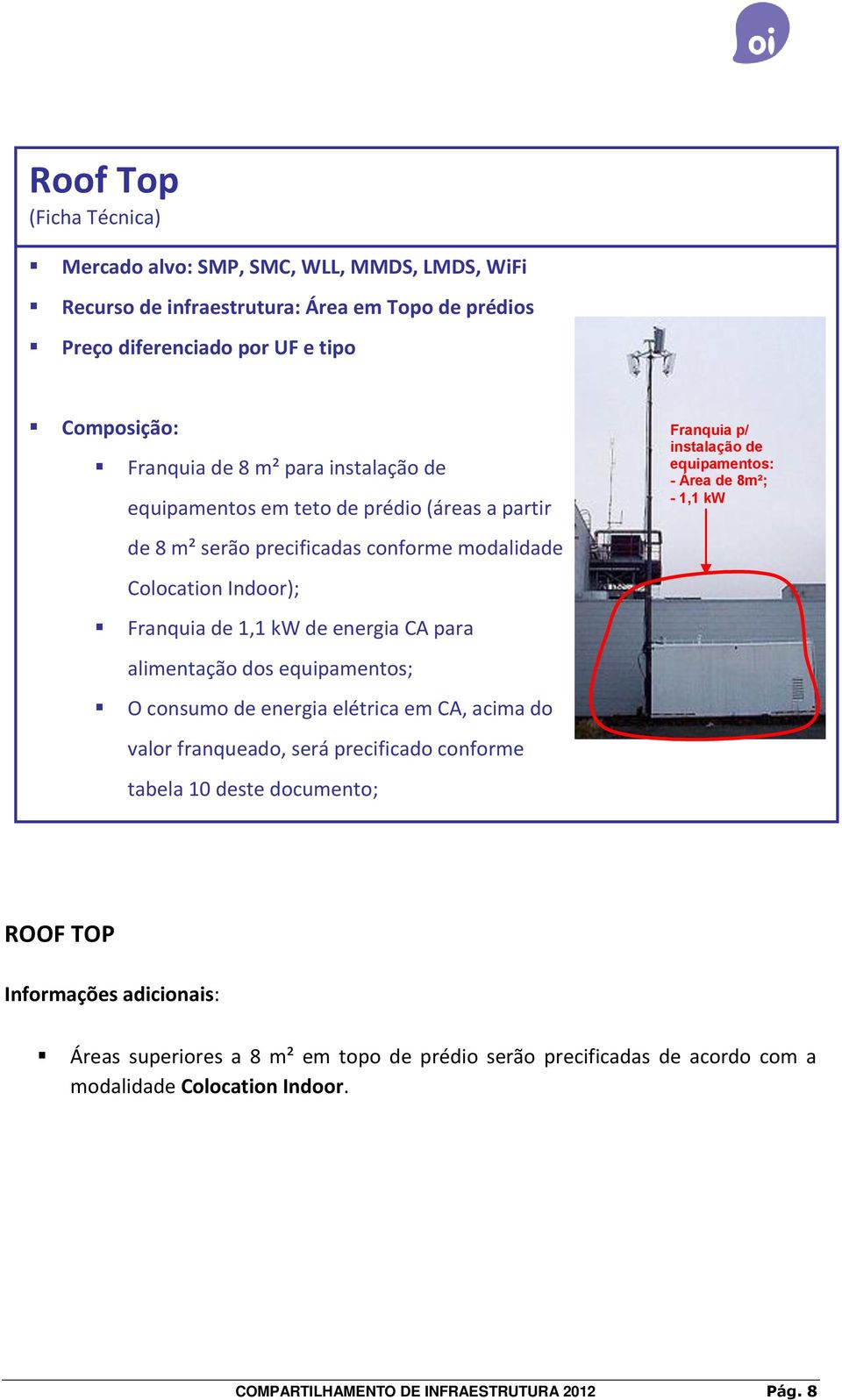 equipamentos; O consumo de energia elétrica em CA, acima do valor franqueado, será precificado conforme tabela 10 deste documento; Franquia p/ instalação de equipamentos: - Área de 8m²; -