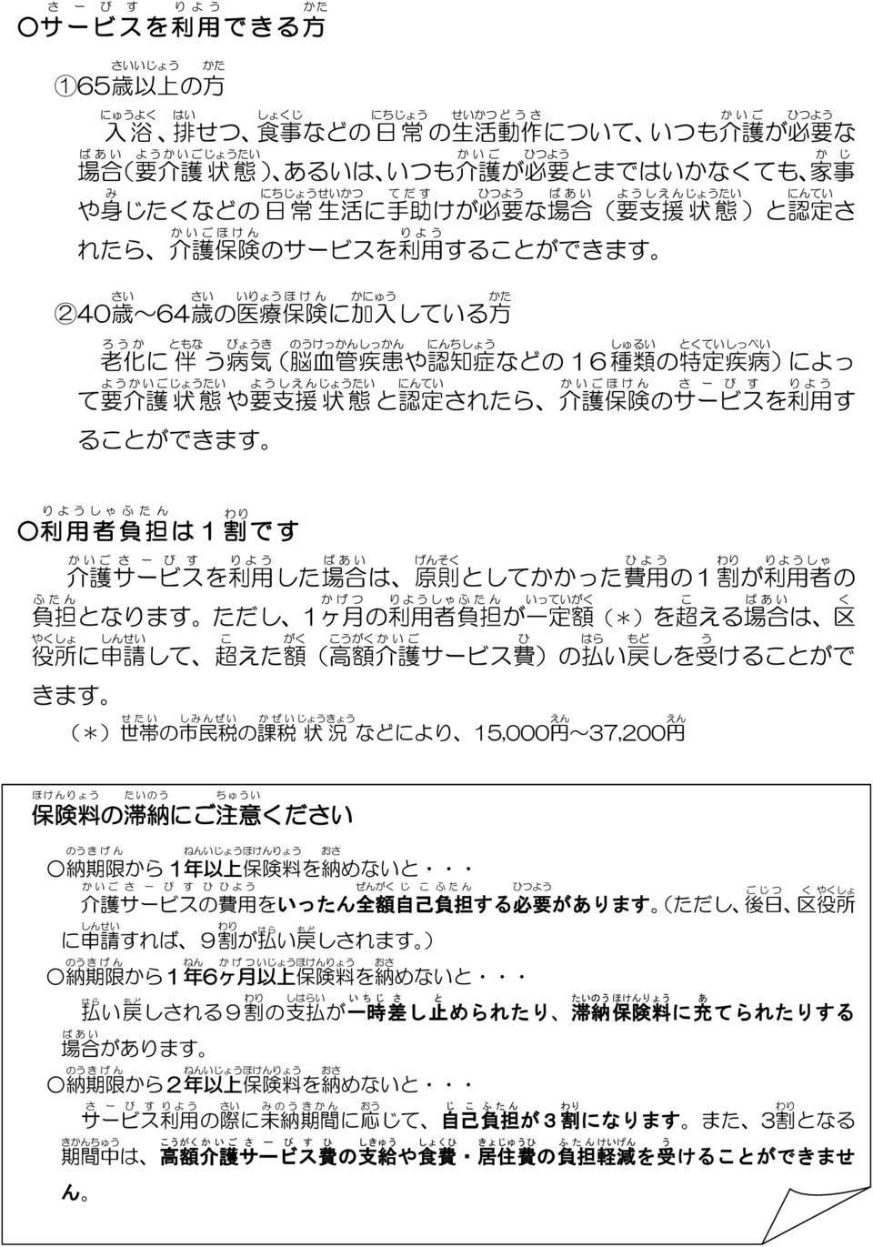 のけっんしっん にんちしょ しゅるい とくてい 老 化 に 伴 病 気 ( 脳 血 管 疾 患 や 認 知 症 などの 16 種 類 の 特 定 疾 病 よいごじょたい よしじょたい にんてい いごほけん さ ー び す て 要 介 護 状 態 や 要 支 援 状 態 と 認 定 されたら 介 護 保 険 のサービスを 利 用 ることができます しっぺい によっ りよ す りよしゃ ふ た ん