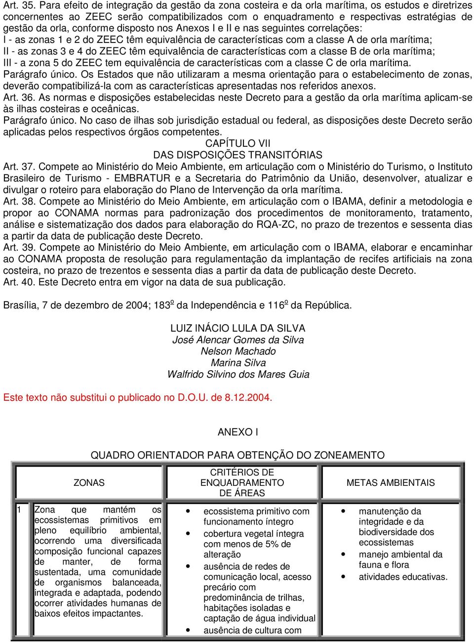 orla, conforme disposto nos Anexos I e II e nas seguintes correlações: I - as zonas 1 e 2 do ZEEC têm equivalência de características com a classe A de orla marítima; II - as zonas 3 e 4 do ZEEC têm