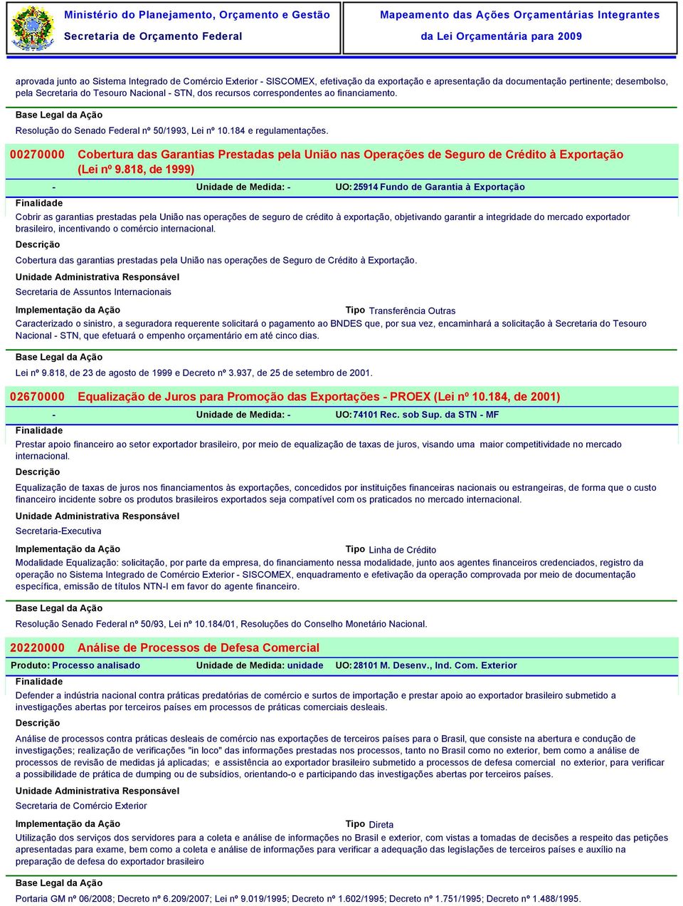 00270000 Cobertura das Garantias Prestadas pela União nas Operações de Seguro de Crédito à Exportação (Lei nº 9.