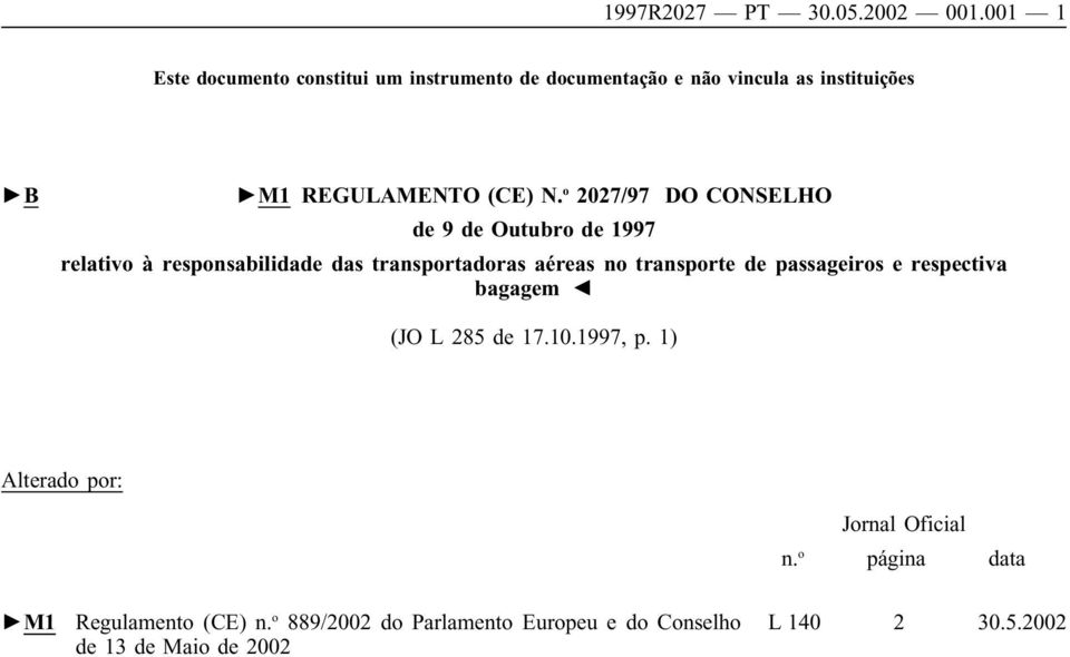 o 2027/97 DO CONSELHO de 9 de Outubro de 1997 relativo à responsabilidade das transportadoras aéreas no transporte de