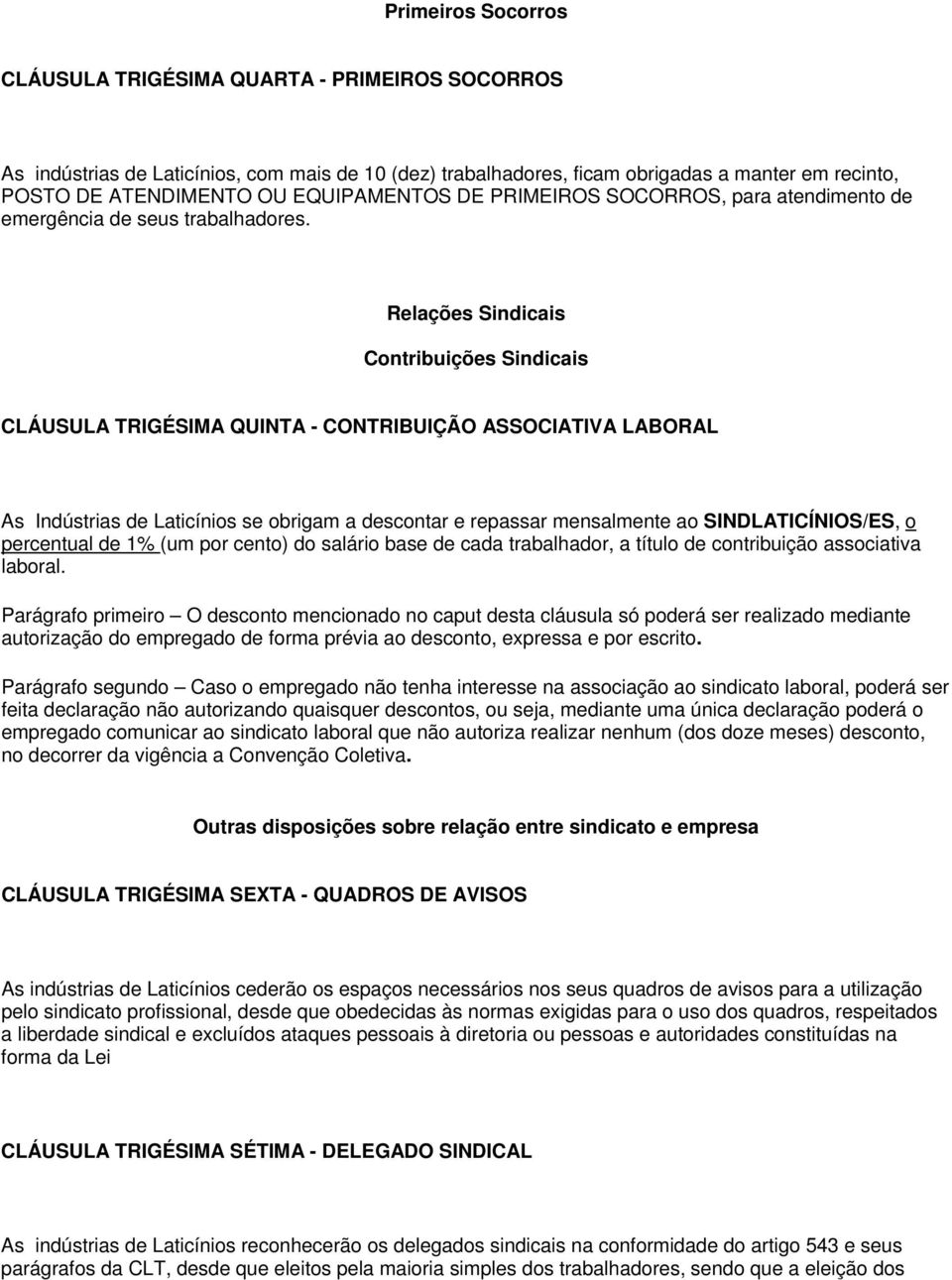 Relações Sindicais Contribuições Sindicais CLÁUSULA TRIGÉSIMA QUINTA - CONTRIBUIÇÃO ASSOCIATIVA LABORAL As Indústrias de Laticínios se obrigam a descontar e repassar mensalmente ao SINDLATICÍNIOS/ES,