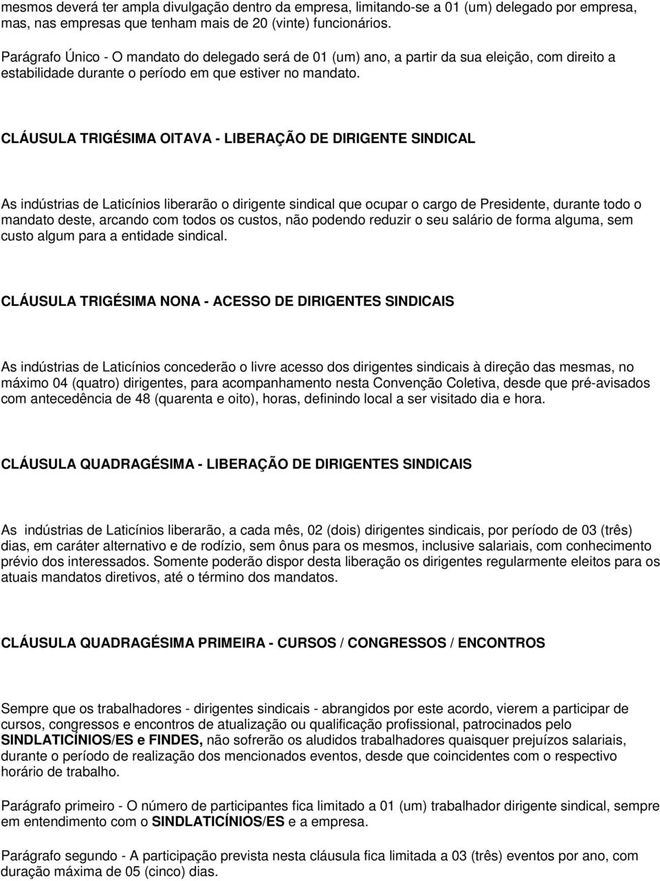 CLÁUSULA TRIGÉSIMA OITAVA - LIBERAÇÃO DE DIRIGENTE SINDICAL As indústrias de Laticínios liberarão o dirigente sindical que ocupar o cargo de Presidente, durante todo o mandato deste, arcando com