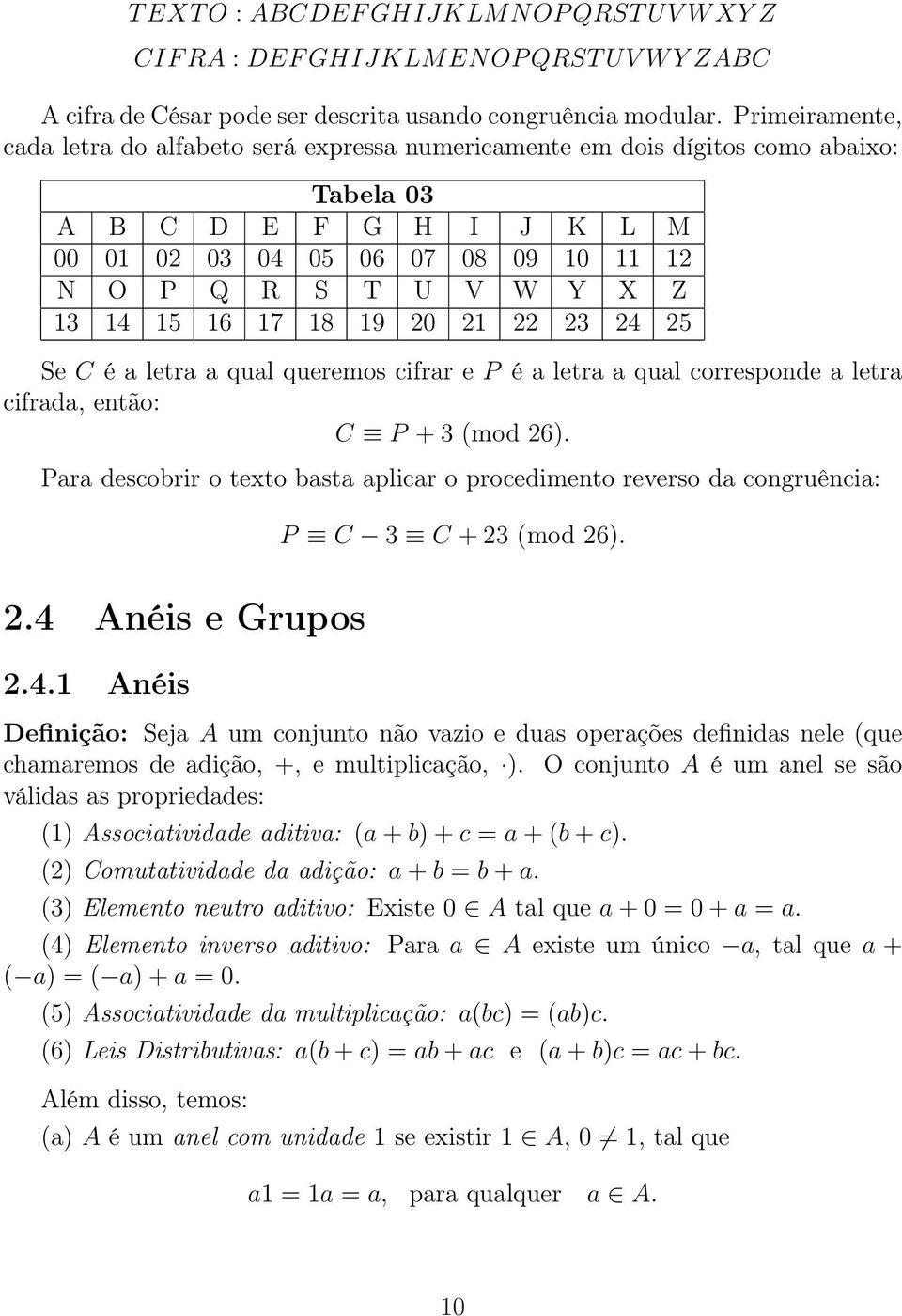 14 15 16 17 18 19 20 21 22 23 24 25 Se C é a letra a qual queremos cifrar e P é a letra a qual corresponde a letra cifrada, então: C P + 3 (mod 26).