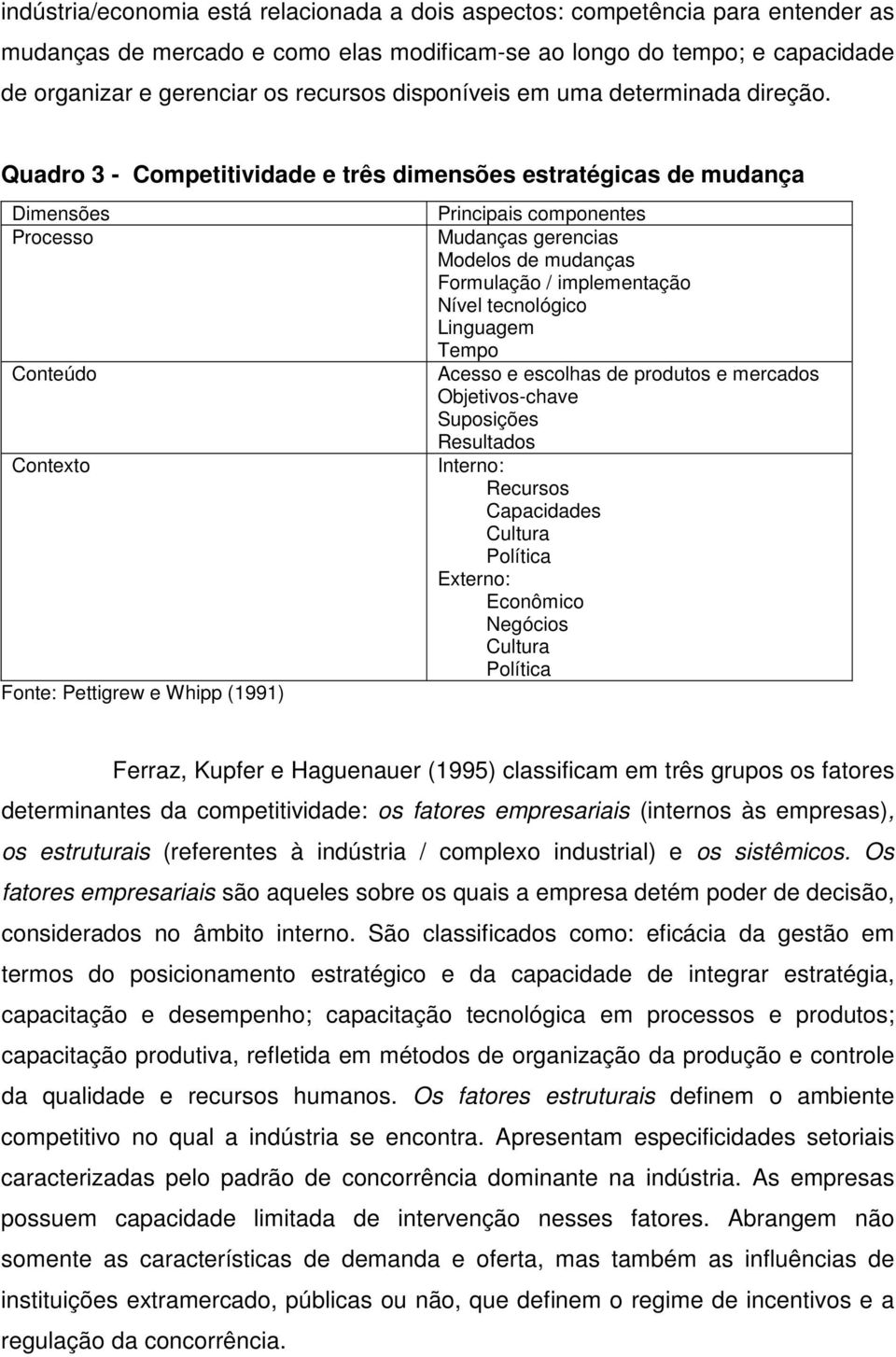 Quadro 3 - Competitividade e três dimensões estratégicas de mudança Dimensões Processo Conteúdo Contexto Fonte: Pettigrew e Whipp (1991) Principais componentes Mudanças gerencias Modelos de mudanças