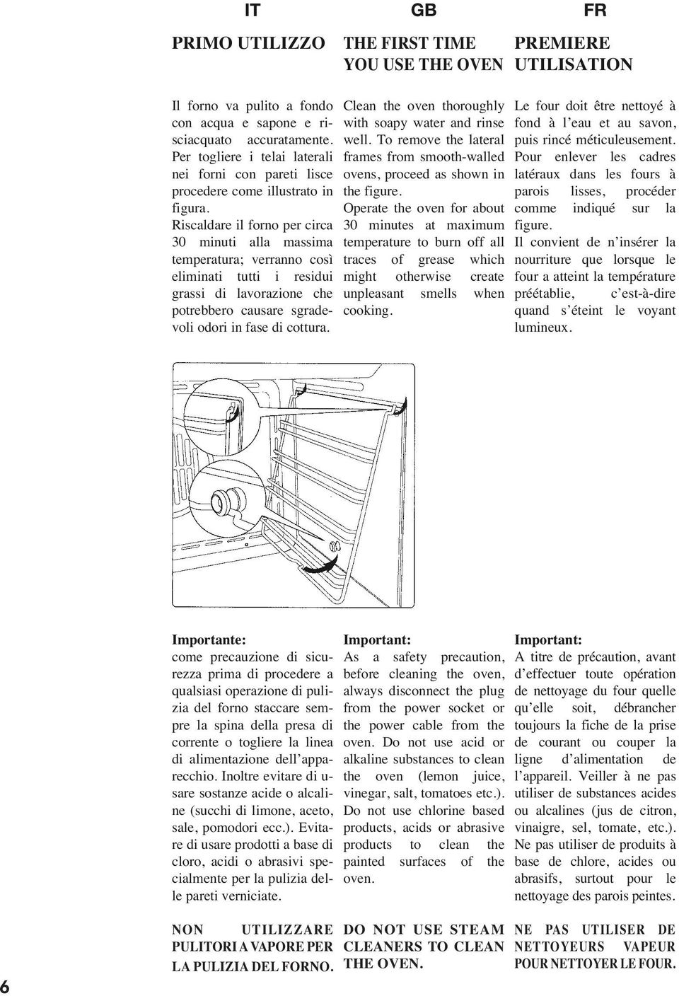 Riscaldare il forno per circa 30 minuti alla massima temperatura; verranno così eliminati tutti i residui grassi di lavorazione che potrebbero causare sgradevoli odori in fase di cottura.