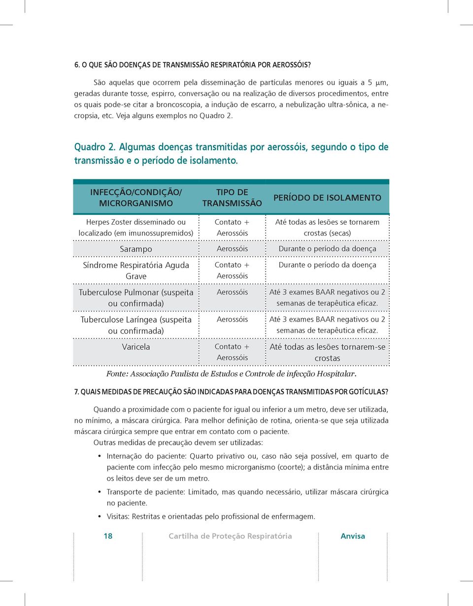 a broncoscopia, a indução de escarro, a nebulização ultra-sônica, a necropsia, etc. Veja alguns exemplos no Quadro 2.