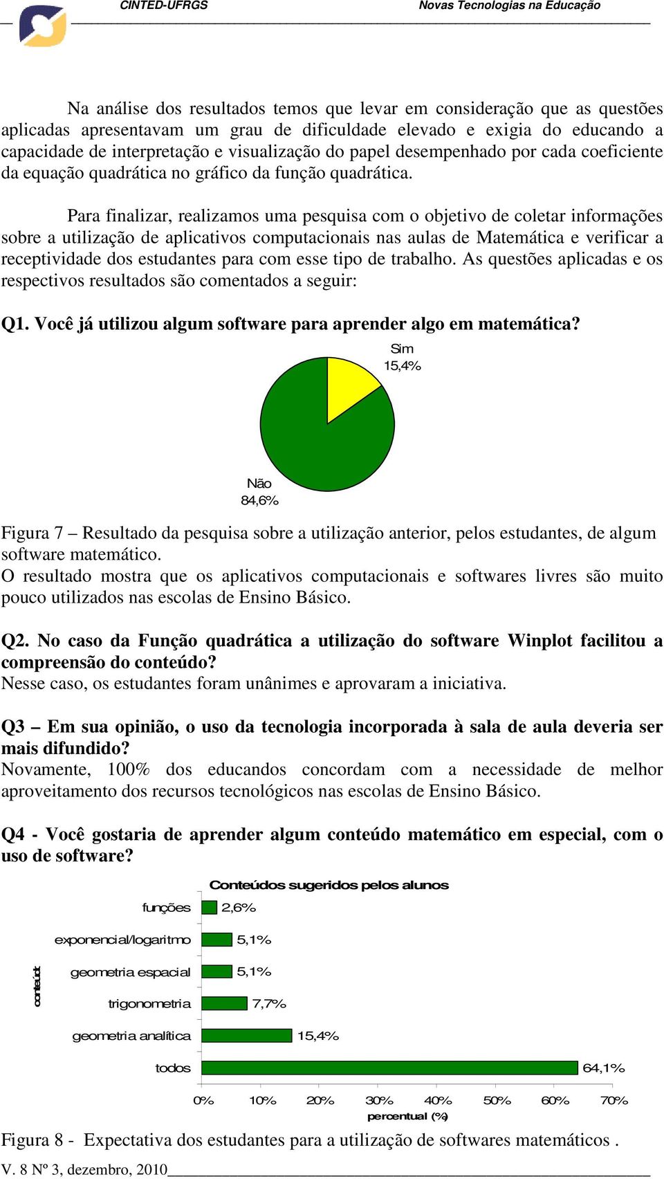 Para finalizar, realizamos uma pesquisa com o objetivo de coletar informações sobre a utilização de aplicativos computacionais nas aulas de Matemática e verificar a receptividade dos estudantes para