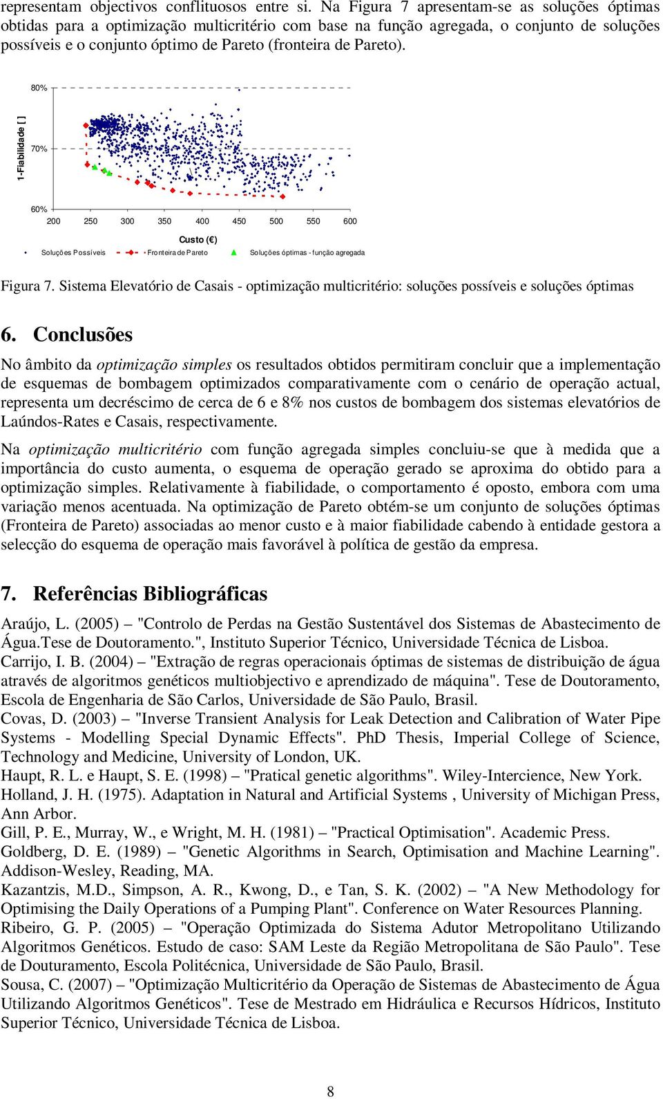 Pareto). 80% 1-Fiabilidade [ ] 70% \ 60% 200 250 300 350 400 450 500 550 600 Custo ( ) Soluções Possíveis Fronteira de Pareto Soluções óptimas - função agregada Figura 7.