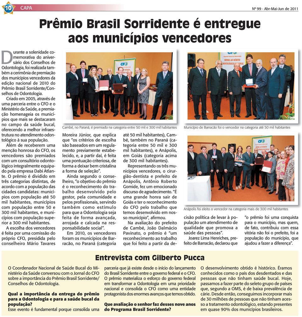 Criado em 2005, através de uma parceria entre o CFO e o Ministério da Saúde, a premiação homenageia os municípios que mais se destacaram no campo da saúde bucal, oferecendo a melhor infraestrutura no