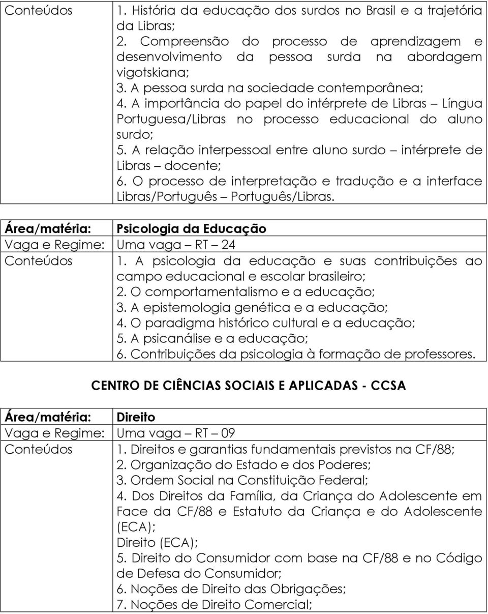 A relação interpessoal entre aluno surdo intérprete de Libras docente; 6. O processo de interpretação e tradução e a interface Libras/Português Português/Libras.