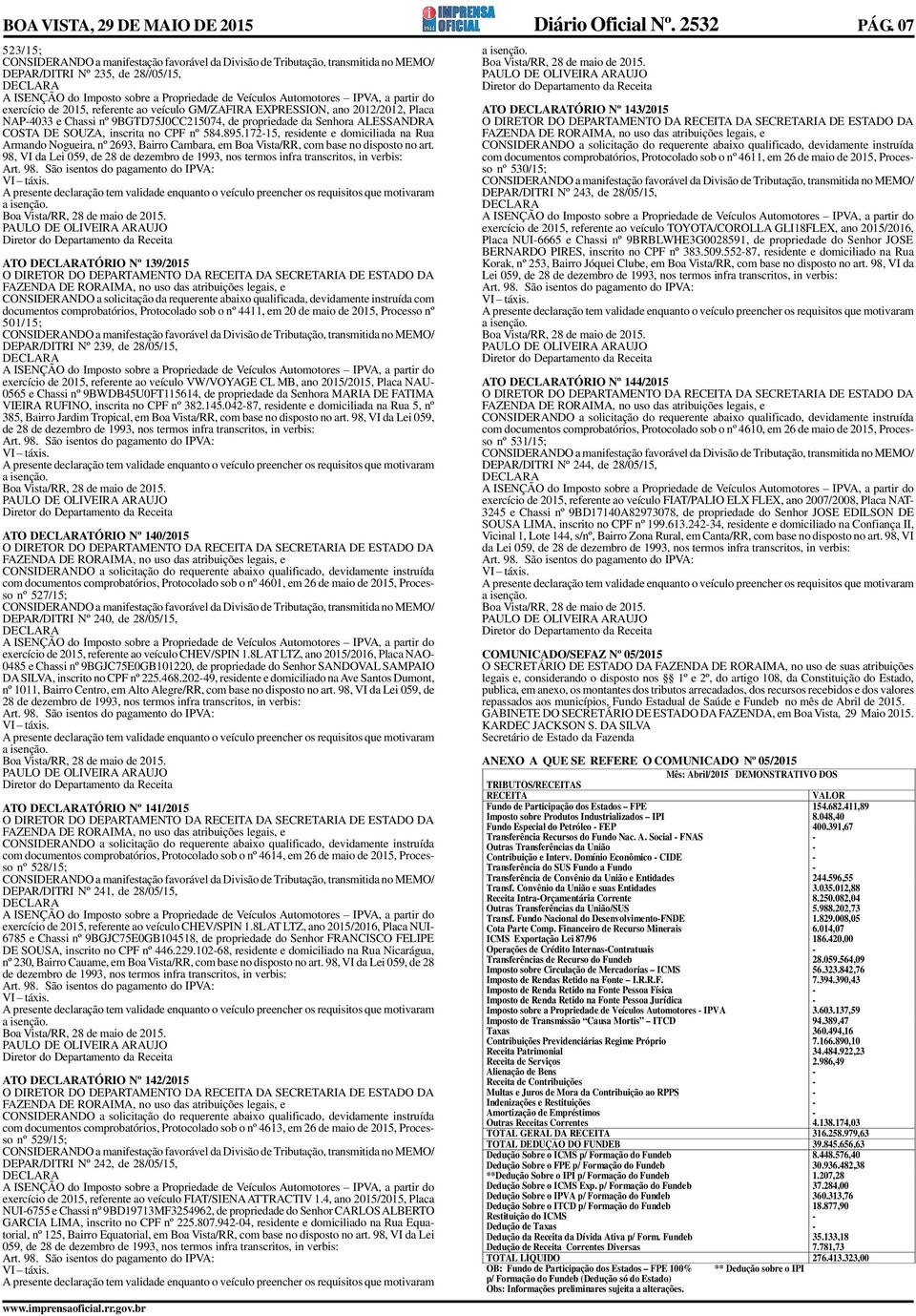 Automotores IPVA, a partir do exercício de 2015, referente ao veículo GM/ZAFIRA EXPRESSION, ano 2012/2012, Placa NAP4033 e Chassi nº 9BGTD75J0CC215074, de propriedade da Senhora ALESSANDRA COSTA DE